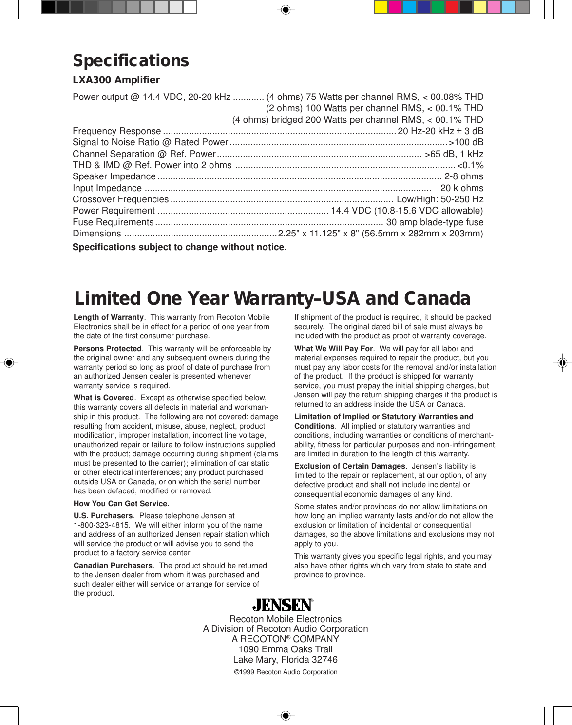 Page 12 of 12 - Jensen Jensen-Car-Amplifier-Lxa300-Users-Manual- 5528Eamp.p65  Jensen-car-amplifier-lxa300-users-manual