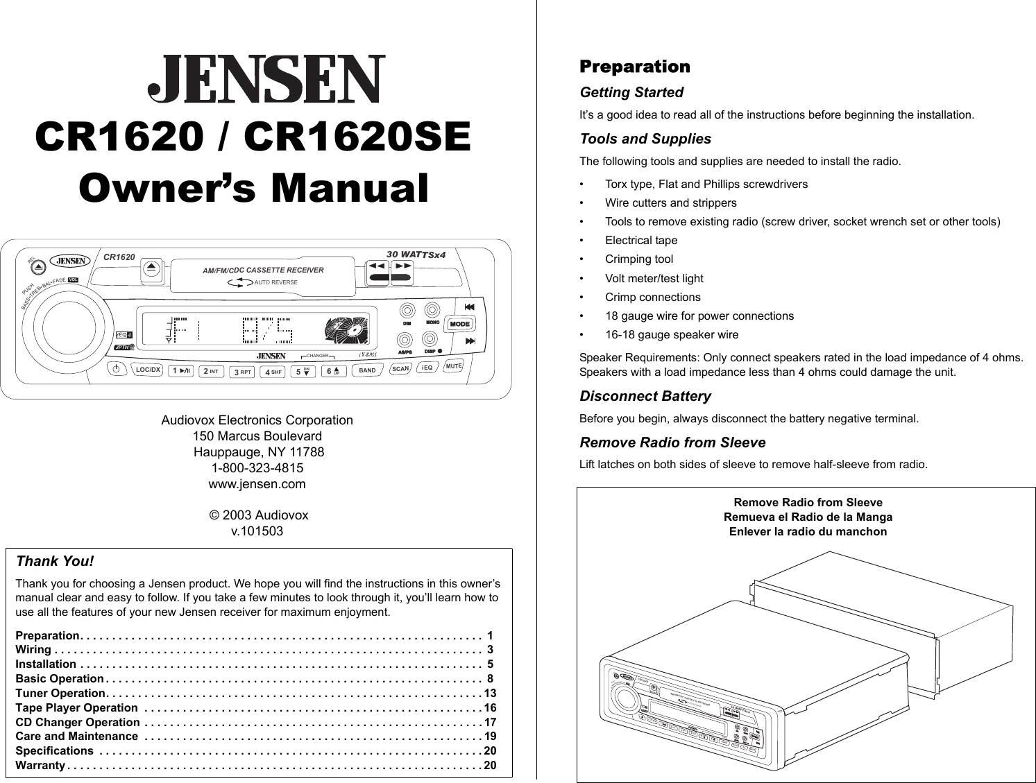 Jensen Cr1620 Users Manual
