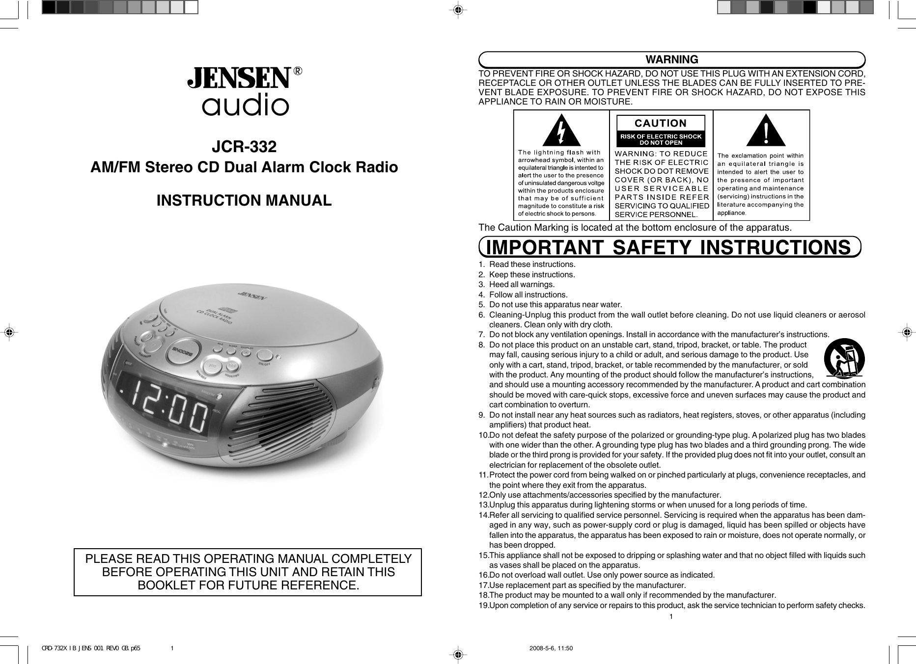 Page 1 of 5 - Jensen Jensen-Jcr-332-Instruction-Manual- CRD-732X IB JENS 001 REV0 GB.p65  Jensen-jcr-332-instruction-manual