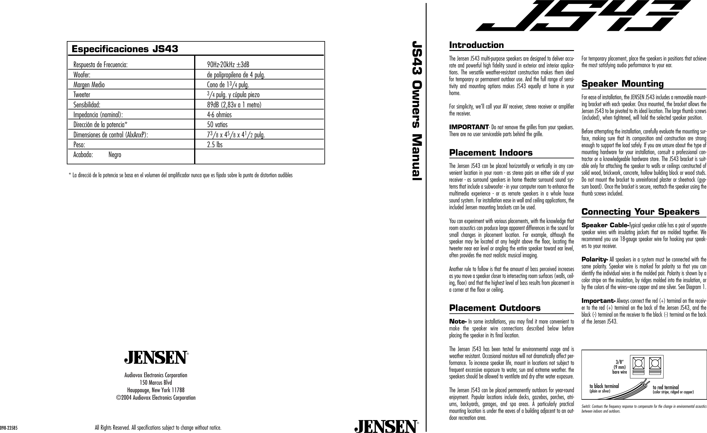 Page 1 of 4 - Jensen Jensen-Multi-Purpose-Speakers-Js43-Users-Manual- SPK 090102 INST JS43  Jensen-multi-purpose-speakers-js43-users-manual