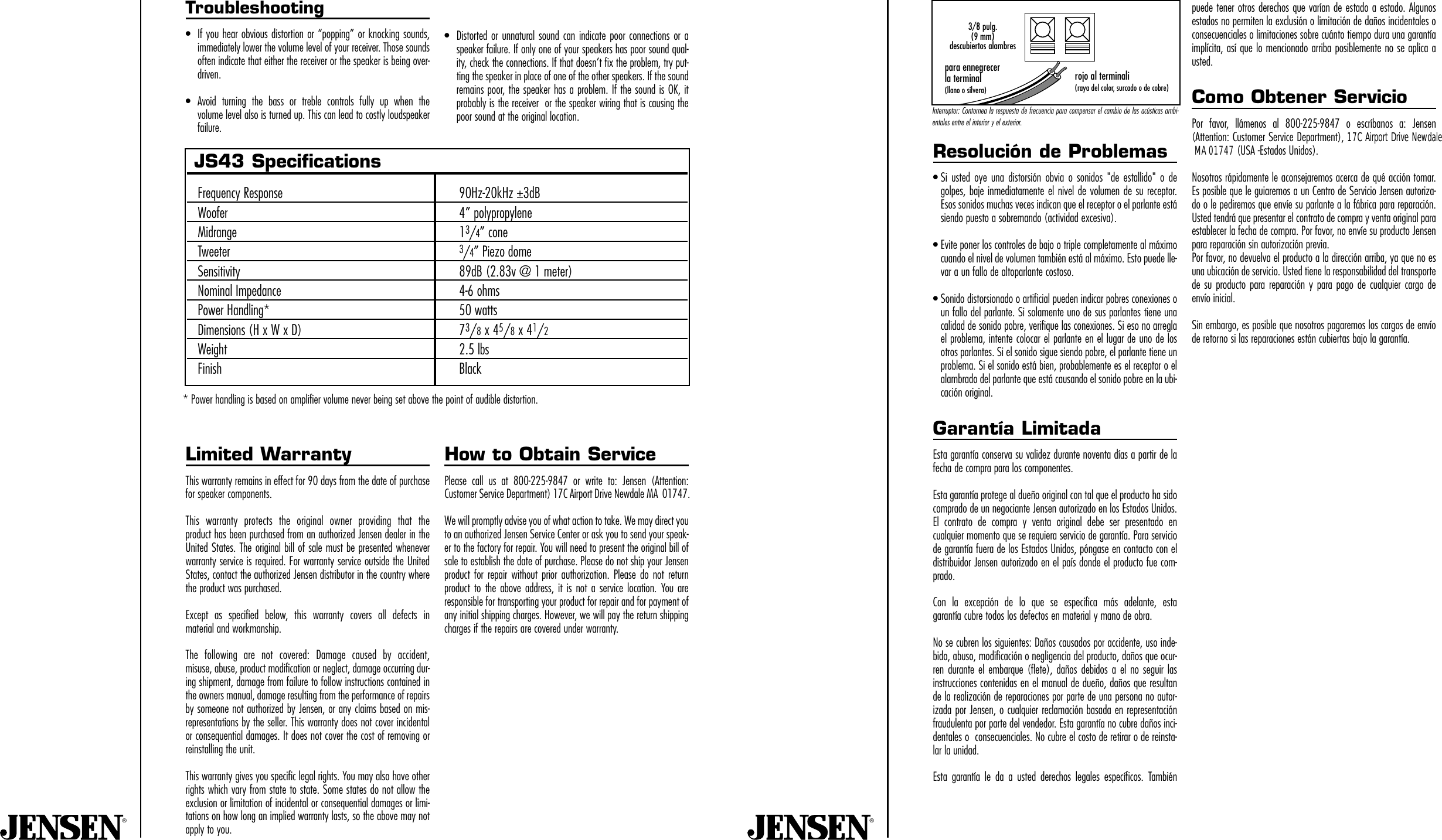 Page 2 of 4 - Jensen Jensen-Multi-Purpose-Speakers-Js43-Users-Manual- SPK 090102 INST JS43  Jensen-multi-purpose-speakers-js43-users-manual
