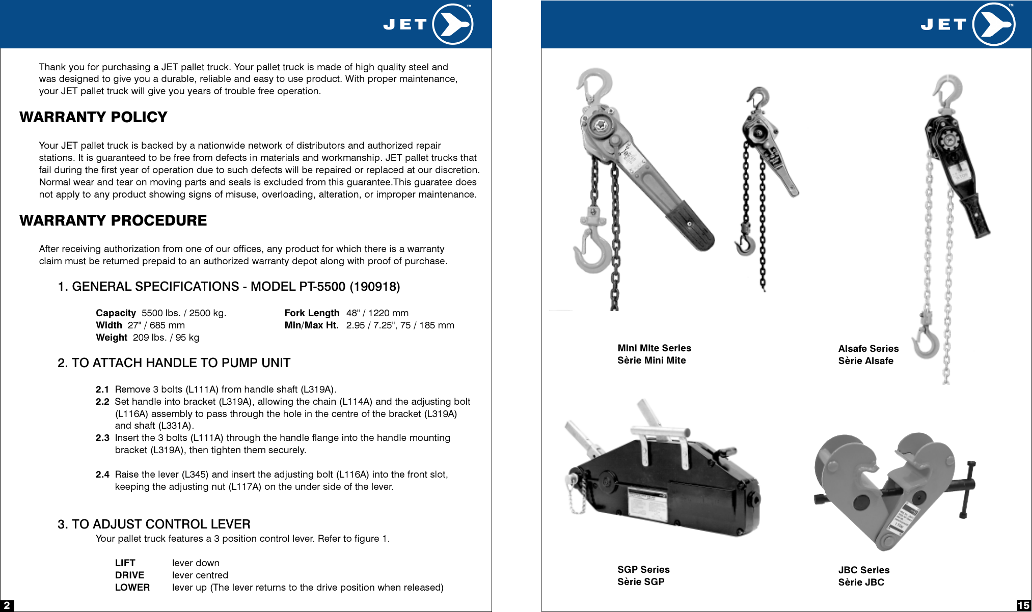 Page 2 of 8 - Jet-Airways Jet-Airways-Hand-Pallet-Truck-Pt-5500-Users-Manual-  Jet-airways-hand-pallet-truck-pt-5500-users-manual