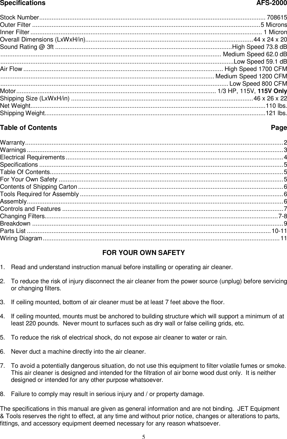 Page 5 of 11 - Jet-Tools Jet-Tools-Afs-2000-Users-Manual-  Jet-tools-afs-2000-users-manual