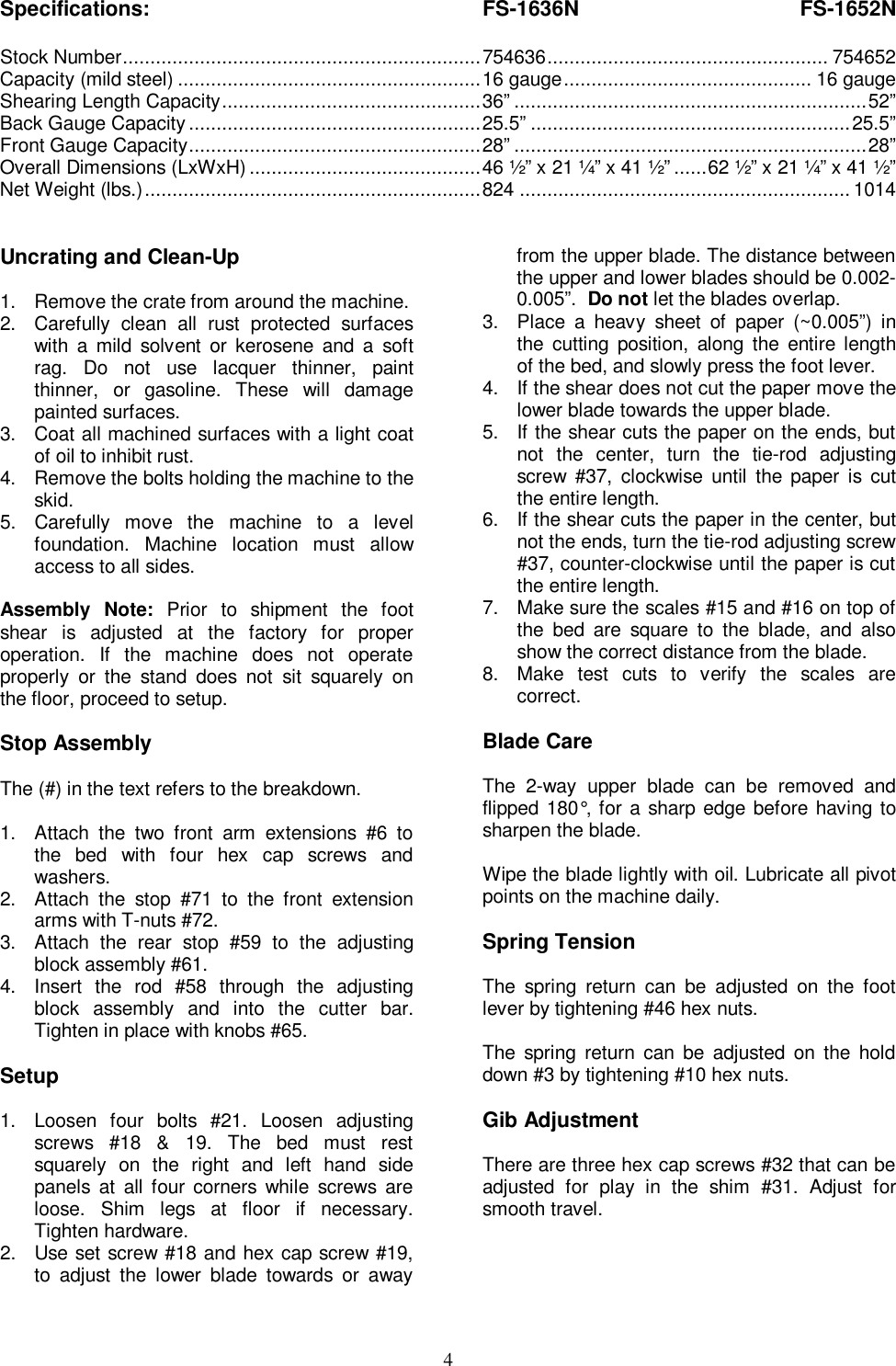 Page 4 of 8 - Jet-Tools Jet-Tools-Fs-1636N-Users-Manual M-754636 FS-1636N, 1652N Foot Shear Manual - Rev G