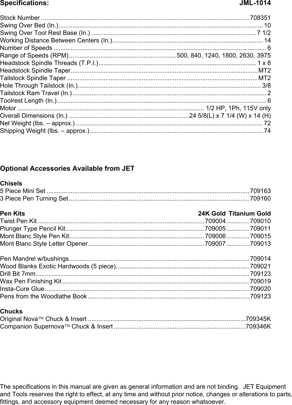 Page 6 of 12 - Jet-Tools Jet-Tools-Jml-1014-Users-Manual M-708351 JML-1014 Mini Lathe Manual - Rev _