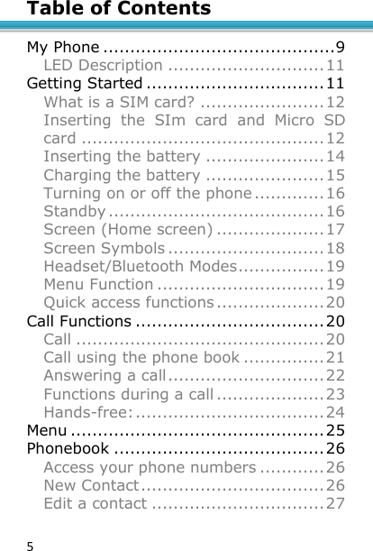 5 Table of Contents  My Phone ........................................... 9 LED Description ............................. 11 Getting Started ................................. 11 What is a SIM card? ....................... 12 Inserting  the  SIm  card  and  Micro  SD card ............................................. 12 Inserting the battery ...................... 14 Charging the battery ...................... 15 Turning on or off the phone ............. 16 Standby ........................................ 16 Screen (Home screen) .................... 17 Screen Symbols ............................. 18 Headset/Bluetooth Modes ................ 19 Menu Function ............................... 19 Quick access functions .................... 20 Call Functions ................................... 20 Call .............................................. 20 Call using the phone book ............... 21 Answering a call ............................. 22 Functions during a call .................... 23 Hands-free: ................................... 24 Menu ............................................... 25 Phonebook ....................................... 26 Access your phone numbers ............ 26 New Contact .................................. 26 Edit a contact ................................ 27 
