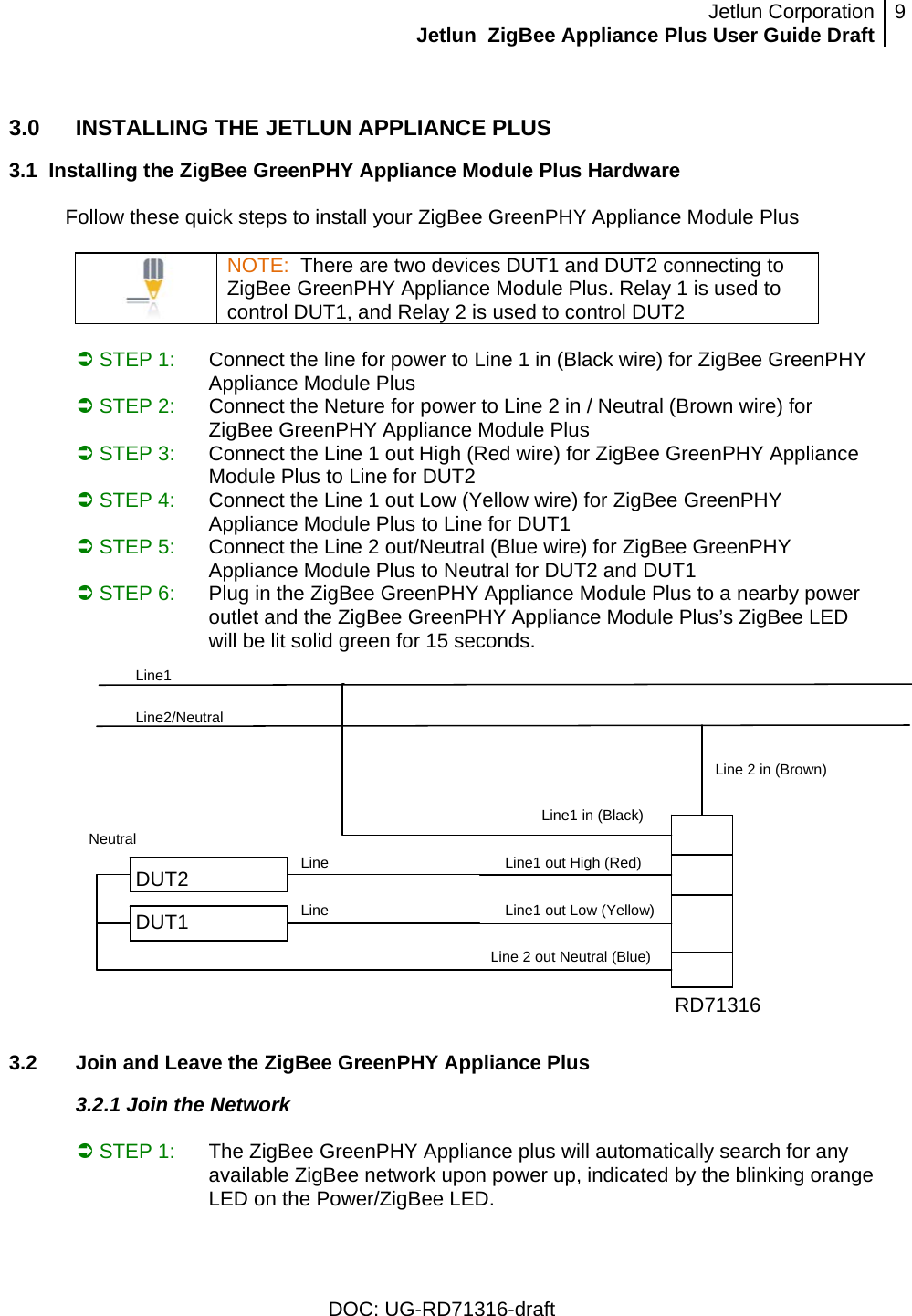 Jetlun CorporationJetlun  ZigBee Appliance Plus User Guide Draft 9   DOC: UG-RD71316-draft  3.0  INSTALLING THE JETLUN APPLIANCE PLUS  3.1  Installing the ZigBee GreenPHY Appliance Module Plus Hardware            Follow these quick steps to install your ZigBee GreenPHY Appliance Module Plus   NOTE:  There are two devices DUT1 and DUT2 connecting to ZigBee GreenPHY Appliance Module Plus. Relay 1 is used to control DUT1, and Relay 2 is used to control DUT2  Â STEP 1:  Connect the line for power to Line 1 in (Black wire) for ZigBee GreenPHY Appliance Module Plus   Â STEP 2:  Connect the Neture for power to Line 2 in / Neutral (Brown wire) for ZigBee GreenPHY Appliance Module Plus Â STEP 3:  Connect the Line 1 out High (Red wire) for ZigBee GreenPHY Appliance Module Plus to Line for DUT2 Â STEP 4:  Connect the Line 1 out Low (Yellow wire) for ZigBee GreenPHY Appliance Module Plus to Line for DUT1 Â STEP 5:  Connect the Line 2 out/Neutral (Blue wire) for ZigBee GreenPHY Appliance Module Plus to Neutral for DUT2 and DUT1 Â STEP 6:  Plug in the ZigBee GreenPHY Appliance Module Plus to a nearby power outlet and the ZigBee GreenPHY Appliance Module Plus’s ZigBee LED will be lit solid green for 15 seconds.  3.2   Join and Leave the ZigBee GreenPHY Appliance Plus 3.2.1 Join the Network  Â STEP 1:  The ZigBee GreenPHY Appliance plus will automatically search for any available ZigBee network upon power up, indicated by the blinking orange LED on the Power/ZigBee LED. Line1 Line2/Neutral Line1 in (Black) RD71316 Line 2 in (Brown) Line1 out High (Red) Line1 out Low (Yellow) Line 2 out Neutral (Blue) Line Line Neutral DUT2 DUT1 