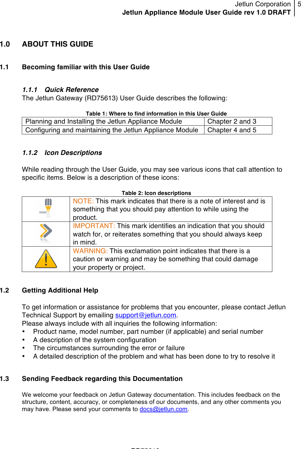 Jetlun Corporation Jetlun Appliance Module User Guide rev 1.0 DRAFT 5   !!!RD75613 !1.0 ABOUT THIS GUIDE  1.1 Becoming familiar with this User Guide  1.1.1 Quick Reference The Jetlun Gateway (RD75613) User Guide describes the following:  Table 1: Where to find information in this User Guide Planning and Installing the Jetlun Appliance Module Chapter 2 and 3 Configuring and maintaining the Jetlun Appliance Module Chapter 4 and 5  1.1.2 Icon Descriptions  While reading through the User Guide, you may see various icons that call attention to specific items. Below is a description of these icons:  Table 2: Icon descriptions  NOTE: This mark indicates that there is a note of interest and is something that you should pay attention to while using the product.  IMPORTANT: This mark identifies an indication that you should watch for, or reiterates something that you should always keep in mind.  WARNING: This exclamation point indicates that there is a caution or warning and may be something that could damage your property or project.   1.2 Getting Additional Help  To get information or assistance for problems that you encounter, please contact Jetlun Technical Support by emailing support@jetlun.com. Please always include with all inquiries the following information: • Product name, model number, part number (if applicable) and serial number • A description of the system configuration • The circumstances surrounding the error or failure • A detailed description of the problem and what has been done to try to resolve it  1.3 Sending Feedback regarding this Documentation  We welcome your feedback on Jetlun Gateway documentation. This includes feedback on the structure, content, accuracy, or completeness of our documents, and any other comments you may have. Please send your comments to docs@jetlun.com.  