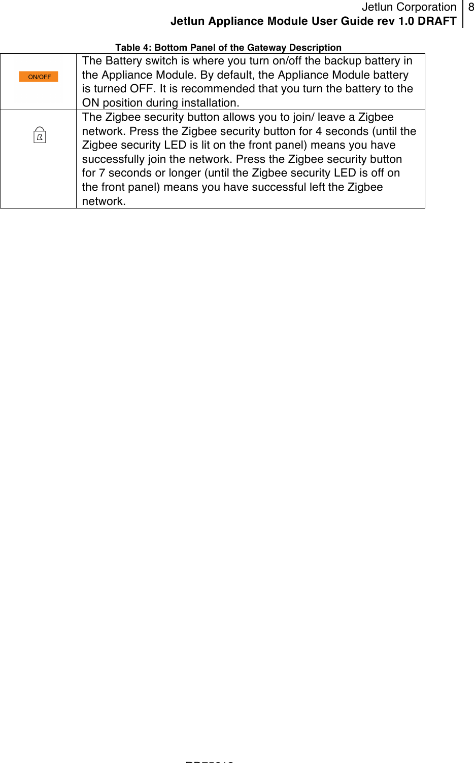 Jetlun Corporation Jetlun Appliance Module User Guide rev 1.0 DRAFT 8   !!!RD75613 !Table 4: Bottom Panel of the Gateway Description  The Battery switch is where you turn on/off the backup battery in the Appliance Module. By default, the Appliance Module battery is turned OFF. It is recommended that you turn the battery to the ON position during installation.   The Zigbee security button allows you to join/ leave a Zigbee network. Press the Zigbee security button for 4 seconds (until the Zigbee security LED is lit on the front panel) means you have successfully join the network. Press the Zigbee security button for 7 seconds or longer (until the Zigbee security LED is off on the front panel) means you have successful left the Zigbee network.    