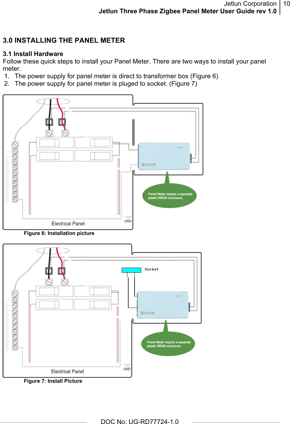 Jetlun CorporationJetlun Three Phase Zigbee Panel Meter User Guide rev 1.010      DOC No: UG-RD77724-1.0   3.0 INSTALLING THE PANEL METER 3.1 Install Hardware Follow these quick steps to install your Panel Meter. There are two ways to install your panel meter.  1.  The power supply for panel meter is direct to transformer box (Figure 6) 2.  The power supply for panel meter is pluged to socket. (Figure 7)   Figure 6: Installation picture   Figure 7: Install Picture   