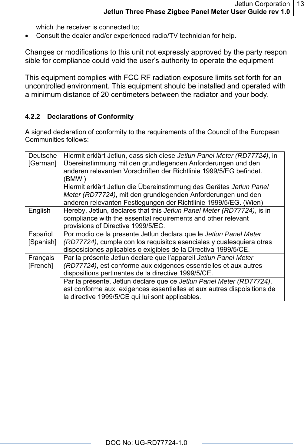 Jetlun CorporationJetlun Three Phase Zigbee Panel Meter User Guide rev 1.013      DOC No: UG-RD77724-1.0   which the receiver is connected to; •  Consult the dealer and/or experienced radio/TV technician for help.  Changes or modifications to this unit not expressly approved by the party responsible for compliance could void the user’s authority to operate the equipment  This equipment complies with FCC RF radiation exposure limits set forth for an  uncontrolled environment. This equipment should be installed and operated with a minimum distance of 20 centimeters between the radiator and your body.  4.2.2   Declarations of Conformity  A signed declaration of conformity to the requirements of the Council of the European Communities follows:  Hiermit erklärt Jetlun, dass sich diese Jetlun Panel Meter (RD77724), in Übereinstimmung mit den grundlegenden Anforderungen und den anderen relevanten Vorschriften der Richtlinie 1999/5/EG befindet. (BMWi) Deutsche [German] Hiermit erklärt Jetlun die Übereinstimmung des Gerätes Jetlun Panel Meter (RD77724), mit den grundlegenden Anforderungen und den anderen relevanten Festlegungen der Richtlinie 1999/5/EG. (Wien) English  Hereby, Jetlun, declares that this Jetlun Panel Meter (RD77724), is in compliance with the essential requirements and other relevant provisions of Directive 1999/5/EC. Español [Spanish] Por modio de la presente Jetlun declara que le Jetlun Panel Meter (RD77724), cumple con los requisitos esenciales y cualesquiera otras disposiciones aplicables o exigibles de la Directiva 1999/5/CE. Par la présente Jetlun declare que l’appareil Jetlun Panel Meter (RD77724), est conforme aux exigences essentielles et aux autres dispositions pertinentes de la directive 1999/5/CE. Français [French] Par la présente, Jetlun declare que ce Jetlun Panel Meter (RD77724), est conforme aux  exigences essentielles et aux autres dispoisitions de la directive 1999/5/CE qui lui sont applicables.  