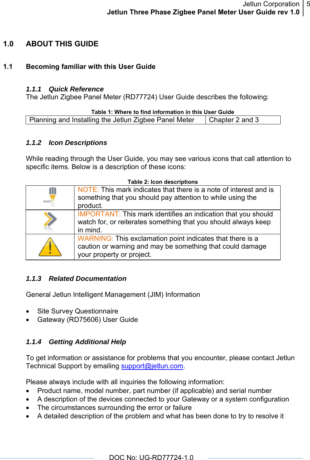 Jetlun CorporationJetlun Three Phase Zigbee Panel Meter User Guide rev 1.05      DOC No: UG-RD77724-1.0   1.0  ABOUT THIS GUIDE  1.1  Becoming familiar with this User Guide  1.1.1 Quick Reference The Jetlun Zigbee Panel Meter (RD77724) User Guide describes the following:  Table 1: Where to find information in this User Guide Planning and Installing the Jetlun Zigbee Panel Meter  Chapter 2 and 3  1.1.2 Icon Descriptions  While reading through the User Guide, you may see various icons that call attention to specific items. Below is a description of these icons:  Table 2: Icon descriptions  NOTE: This mark indicates that there is a note of interest and is something that you should pay attention to while using the product.  IMPORTANT: This mark identifies an indication that you should watch for, or reiterates something that you should always keep in mind.  WARNING: This exclamation point indicates that there is a caution or warning and may be something that could damage your property or project.   1.1.3 Related Documentation  General Jetlun Intelligent Management (JIM) Information  • Site Survey Questionnaire •  Gateway (RD75606) User Guide   1.1.4  Getting Additional Help  To get information or assistance for problems that you encounter, please contact Jetlun Technical Support by emailing support@jetlun.com.  Please always include with all inquiries the following information: •  Product name, model number, part number (if applicable) and serial number •  A description of the devices connected to your Gateway or a system configuration •  The circumstances surrounding the error or failure •  A detailed description of the problem and what has been done to try to resolve it  