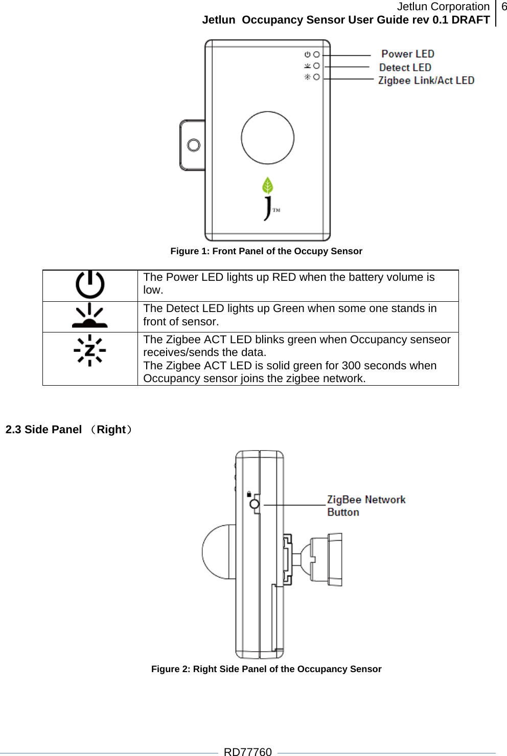 Jetlun CorporationJetlun  Occupancy Sensor User Guide rev 0.1 DRAFT 6   RD77760  Figure 1: Front Panel of the Occupy Sensor   The Power LED lights up RED when the battery volume is low.  The Detect LED lights up Green when some one stands in front of sensor.  The Zigbee ACT LED blinks green when Occupancy senseor receives/sends the data. The Zigbee ACT LED is solid green for 300 seconds when Occupancy sensor joins the zigbee network.   2.3 Side Panel （Right）   Figure 2: Right Side Panel of the Occupancy Sensor 