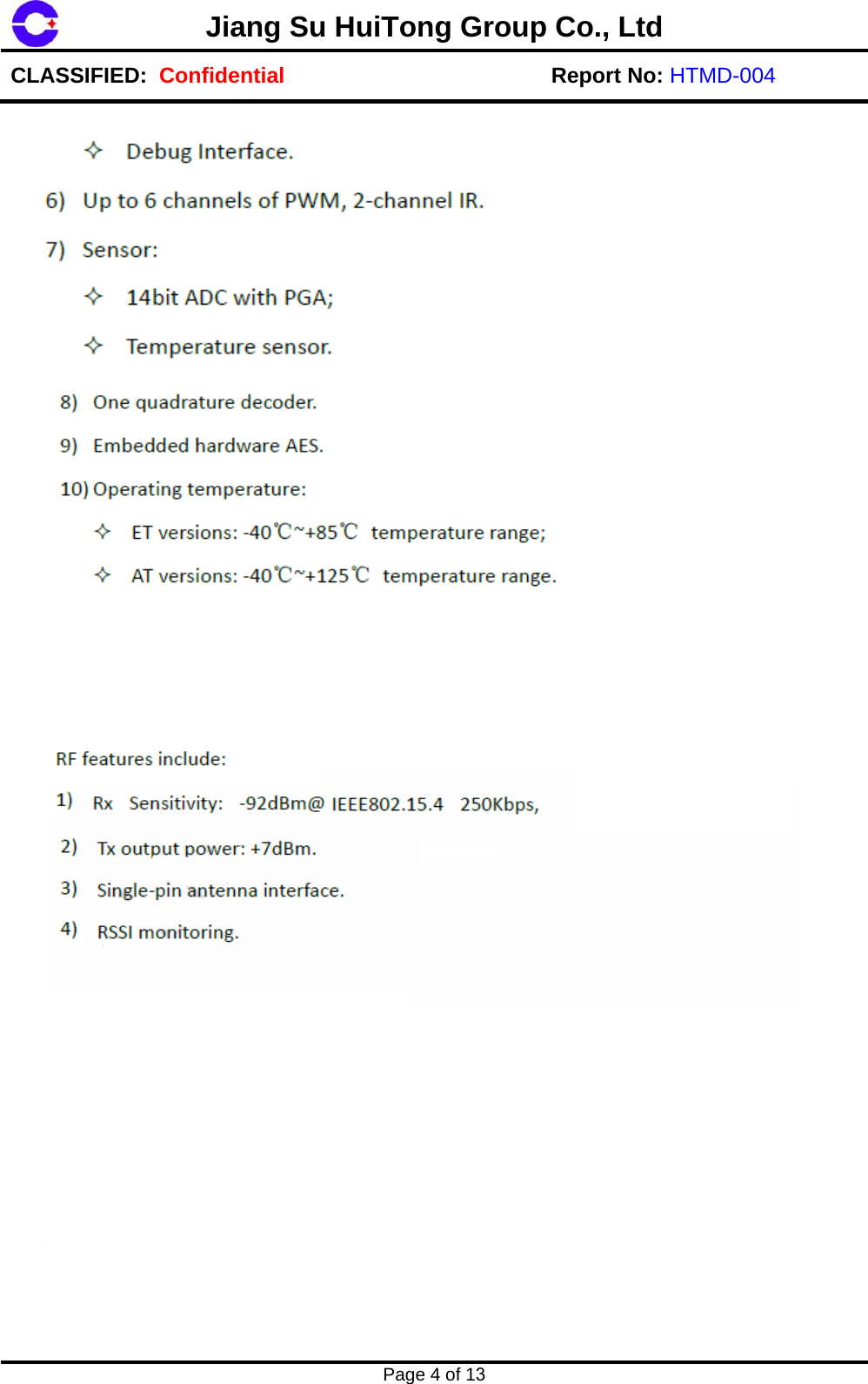 Jiang Su HuiTong Group Co., LtdCLASSIFIED:  Confidential Report No: HTMD-004 Page 4 of 13 