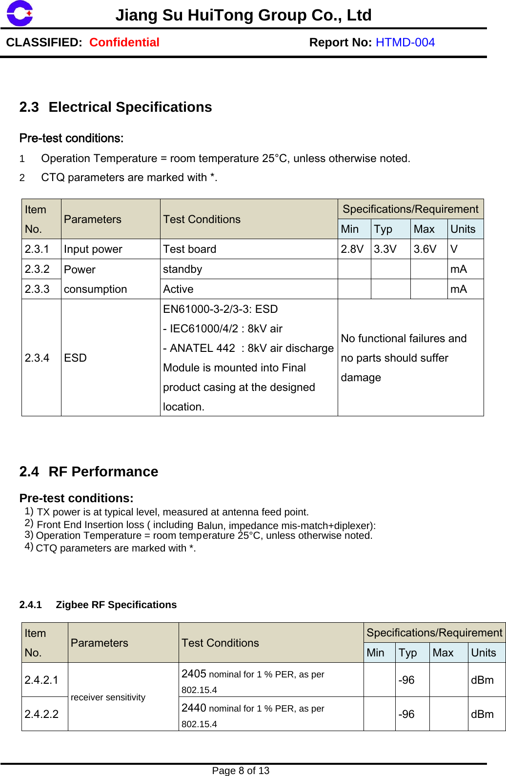 CTQ parameters are marked with *.   Operation Temperature = room temp4)   Front End Insertion loss ( including 3)   TX power is at typical level, measured at antenna feed point. 2) 1)  Jiang Su HuiTong Group Co., LtdCLASSIFIED:  Confidential Report No: HTMD-004 Page 8 of 13 2.3 Electrical Specifications Pre-test conditions: 1  Operation Temperature = room temperature 25&deg;C, unless otherwise noted. 2  CTQ parameters are marked with *. Item No.  Parameters  Test Conditions  Specifications/RequirementMin  Typ  Max  Units2.3.1  Input power  Test board  2.8V  3.3V  3.6V  V 2.3.2  Power consumption standby  mA 2.3.3  Active  mA 2.3.4  ESD EN61000-3-2/3-3: ESD - IEC61000/4/2 : 8kV air - ANATEL 442  : 8kV air discharge Module is mounted into Final product casing at the designed location. No functional failures and no parts should suffer damage 2.4 RF Performance  Pre-test conditions: erature 25&deg;C, unless otherwise noted. 2.4.1 Zigbee RF Specifications Item No.  Parameters  Test Conditions  Specifications/RequirementMin  Typ  Max  Units2.4.2.1 receiver sensitivity2405 nominal for 1 % PER, as per802.15.4 -96  dBm 2.4.2.2  2440 nominal for 1 % PER, as per802.15.4 -96  dBm Balun, impedance mis-match+diplexer):  