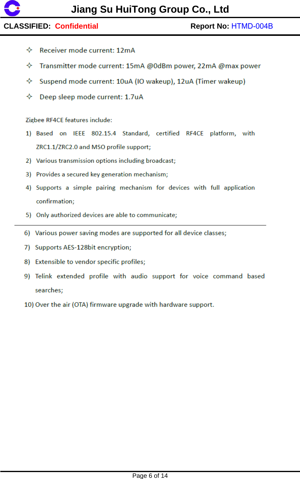 Page 6 of 14 Jiang Su HuiTong Group Co., LtdCLASSIFIED:  Confidential Report No: HTMD-004B 
