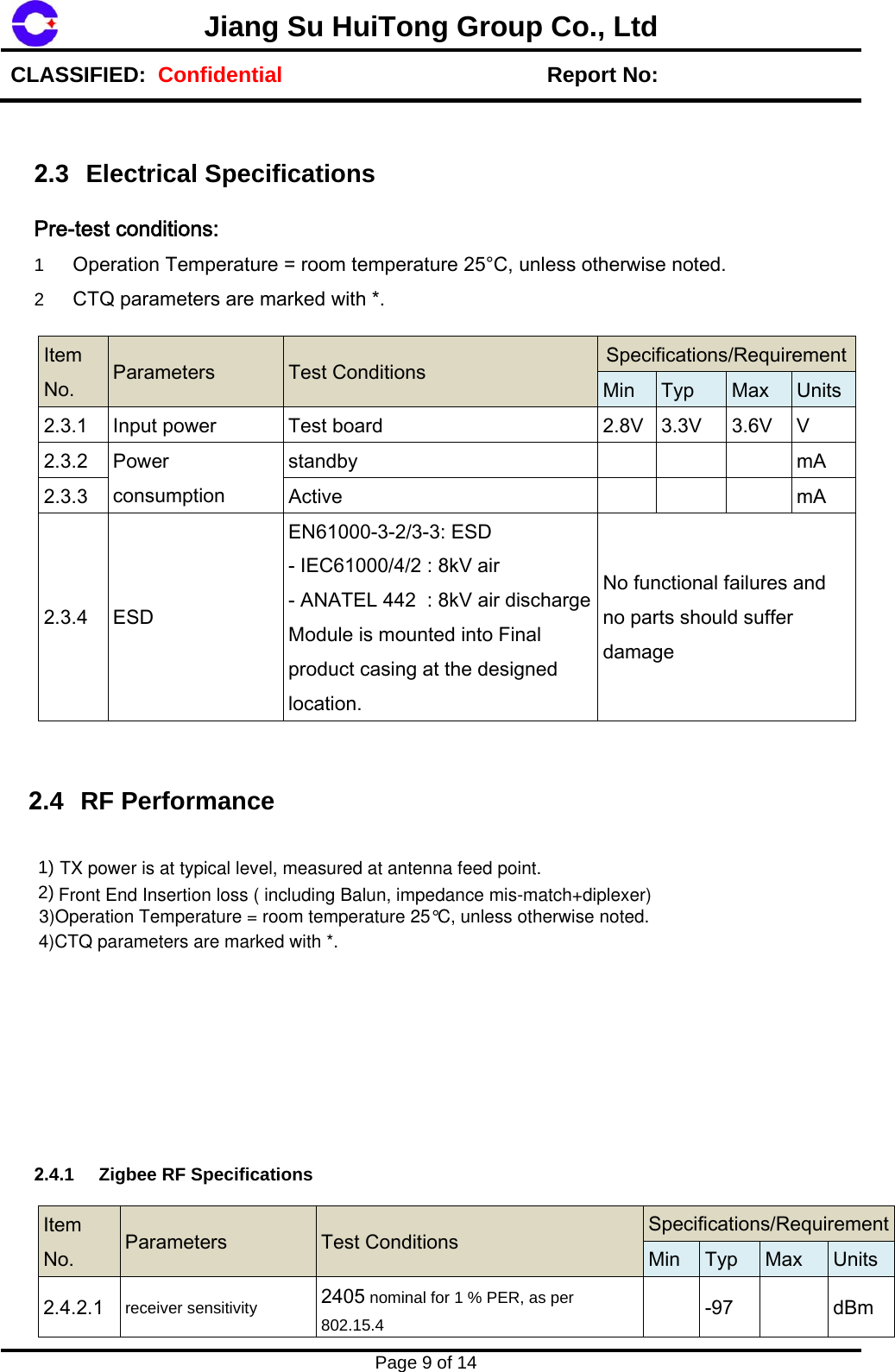 Page 9 of 14 2) 1) Jiang Su HuiTong Group Co., LtdCLASSIFIED:  Confidential Report No:  2.3 Electrical Specifications Pre-test conditions:1  Operation Temperature = room temperature 25&deg;C, unless otherwise noted. 2  CTQ parameters are marked with *. Item No.  Parameters  Test Conditions  Specifications/RequirementMin  Typ  Max Units2.3.1  Input power  Test board  2.8V  3.3V  3.6V  V 2.3.2  Power consumption standby  mA 2.3.3  Active  mA 2.3.4  ESD EN61000-3-2/3-3: ESD - IEC61000/4/2 : 8kV air - ANATEL 442  : 8kV air discharge Module is mounted into Final product casing at the designed location. No functional failures and no parts should suffer damage   2.4 RF Performance  2.4.1 Zigbee RF Specifications Item No.  Parameters  Test Conditions  Specifications/RequirementMin  Typ  Max  Units2.4.2.1  receiver sensitivity 2405 nominal for 1 % PER, as per802.15.4 -97 dBm TX power is at typical level, measured at antenna feed point.Front End Insertion loss ( including Balun, impedance mis-match+diplexer)3)Operation Temperature = room temperature 25&deg;C, unless otherwise noted.4)CTQ parameters are marked with *.