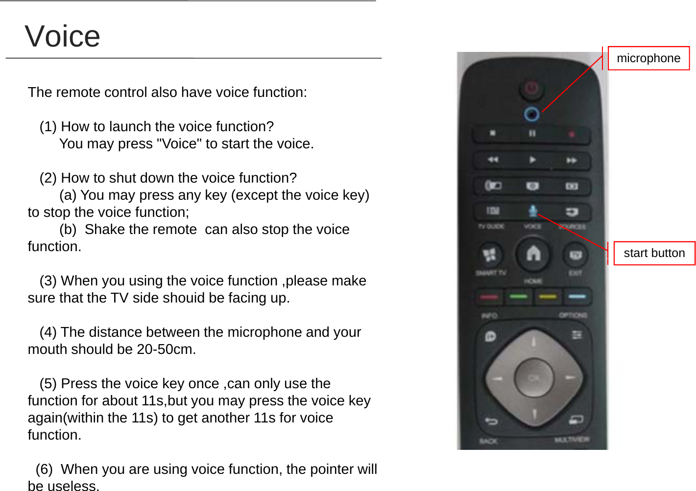 VoiceThe remote control also have voice function:() f ?microphone(1) How to launch the voice function?You may press "Voice" to start the voice.(2) How to shut down the voice function?()Y k ( tth i k )(a) You may press any key (except the voice key) to stop the voice function;(b)  Shake the remote  can also stop the voice function. start button(3) When you using the voice function ,please make sure that the TV side shouid be facing up.(4) Th di t b t th i h d(4) The distance between the microphone and your mouth should be 20-50cm.(5) Press the voice key once ,can only use the ftifbt11bt th ikfunction for about 11s,but you may press the voice key again(within the 11s) to get another 11s for voice function.(6) Wh i i f ti th i t ill(6)  When you are using voice function, the pointer will be useless.