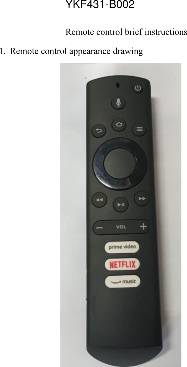 Remote control brief instructions1. Remote control appearance drawingYKF431-B002