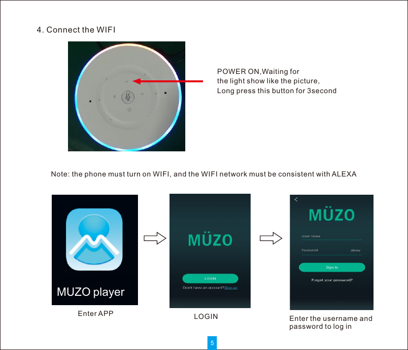4. Connect the WIFI5MUZO playerPOWER ON,Waiting for the light show like the picture,Long press this button for 3secondNote: the phone must turn on WIFI, and the WIFI network must be consistent with ALEXAEnter APP LOGIN Enter the username and password to log in