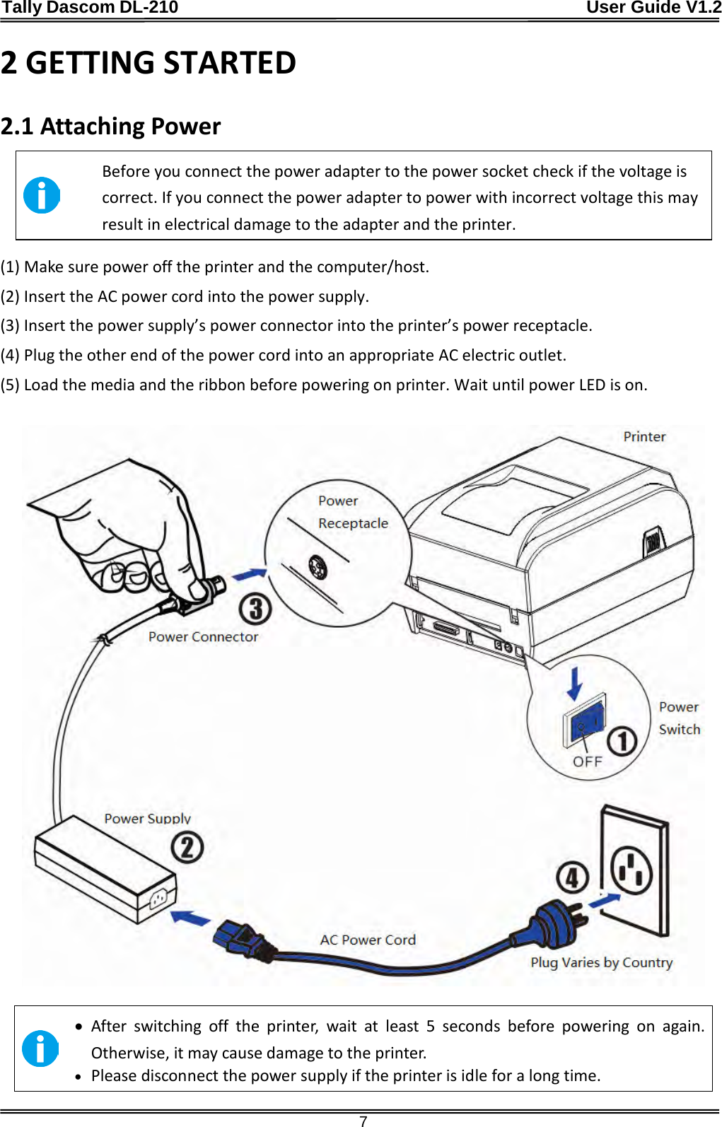 Tally Dascom DL-210                                              User Guide V1.2  7 2 GETTING STARTED 2.1 Attaching Power  Before you connect the power adapter to the power socket check if the voltage is correct. If you connect the power adapter to power with incorrect voltage this may result in electrical damage to the adapter and the printer. (1) Make sure power off the printer and the computer/host. (2) Insert the AC power cord into the power supply. (3) Insert the power supply’s power connector into the printer’s power receptacle. (4) Plug the other end of the power cord into an appropriate AC electric outlet.   (5) Load the media and the ribbon before powering on printer. Wait until power LED is on.     • After switching off the printer, wait at least 5 seconds before powering on again. Otherwise, it may cause damage to the printer.   • Please disconnect the power supply if the printer is idle for a long time. 