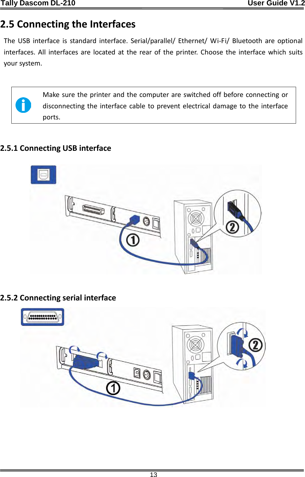 Tally Dascom DL-210                                              User Guide V1.2  13 2.5 Connecting the Interfaces The USB interface  is standard interface. Serial/parallel/ Ethernet/ Wi-Fi/ Bluetooth are optional interfaces. All interfaces are located at the rear of the printer. Choose the interface which suits your system.     Make sure the printer and the computer are switched off before connecting or disconnecting the interface cable to prevent electrical damage to the interface ports.  2.5.1 Connecting USB interface          2.5.2 Connecting serial interface          
