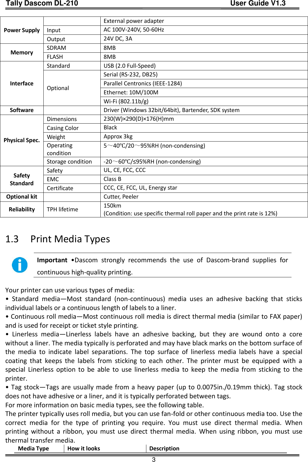 Tally Dascom DL-210                                          User Guide V1.3  3 Power Supply  External power adapter Input AC 100V-240V, 50-60Hz Output 24V DC, 3A Memory SDRAM 8MB FLASH 8MB Interface Standard USB (2.0 Full-Speed)         Optional Serial (RS-232, DB25)   Parallel Centronics (IEEE-1284) Ethernet: 10M/100M Wi-Fi (802.11b/g) Software  Driver (Windows 32bit/64bit), Bartender, SDK system Physical Spec. Dimensions 230(W)×290(D)×176(H)mm Casing Color Black Weight Approx 3kg Operating condition 5～40℃/20～95%RH (non-condensing) Storage condition -20～60℃/≤95%RH (non-condensing) Safety Standard Safety UL, CE, FCC, CCC EMC Class B Certificate CCC, CE, FCC, UL, Energy star Optional kit  Cutter, Peeler Reliability TPH lifetime 150km   (Condition: use specific thermal roll paper and the print rate is 12%)   1.3 Print Media Types   Important •Dascom  strongly  recommends  the  use  of  Dascom-brand  supplies  for continuous high-quality printing.    Your printer can use various types of media: •  Standard  media—Most  standard  (non-continuous)  media  uses  an  adhesive  backing  that  sticks individual labels or a continuous length of labels to a liner. • Continuous roll media—Most continuous roll media is direct thermal media (similar to FAX paper) and is used for receipt or ticket style printing. •  Linerless  media—Linerless  labels  have  an  adhesive  backing,  but  they  are  wound  onto  a  core without a liner. The media typically is perforated and may have black marks on the bottom surface of the  media  to  indicate  label  separations.  The  top  surface  of  linerless  media  labels  have  a  special coating  that  keeps  the  labels  from  sticking  to  each  other.  The  printer  must  be  equipped  with  a special  Linerless  option  to  be  able  to  use  linerless  media  to  keep  the  media  from  sticking  to  the printer. • Tag stock—Tags are usually made from a heavy paper (up to 0.0075in./0.19mm thick). Tag stock does not have adhesive or a liner, and it is typically perforated between tags. For more information on basic media types, see the following table. The printer typically uses roll media, but you can use fan-fold or other continuous media too. Use the correct  media  for  the  type  of  printing  you  require.  You  must  use  direct  thermal  media.  When printing  without  a ribbon,  you  must  use  direct  thermal  media.  When  using  ribbon,  you  must  use thermal transfer media. Media Type How it looks Description 