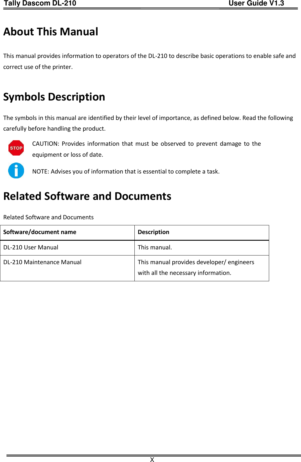 Tally Dascom DL-210                                          User Guide V1.3  X About This Manual This manual provides information to operators of the DL-210 to describe basic operations to enable safe and correct use of the printer.  Symbols Description The symbols in this manual are identified by their level of importance, as defined below. Read the following carefully before handling the product.  CAUTION: Provides  information  that must  be  observed  to  prevent  damage  to the equipment or loss of date.  NOTE: Advises you of information that is essential to complete a task. Related Software and Documents Related Software and Documents Software/document name Description DL-210 User Manual This manual. DL-210 Maintenance Manual This manual provides developer/ engineers with all the necessary information. 