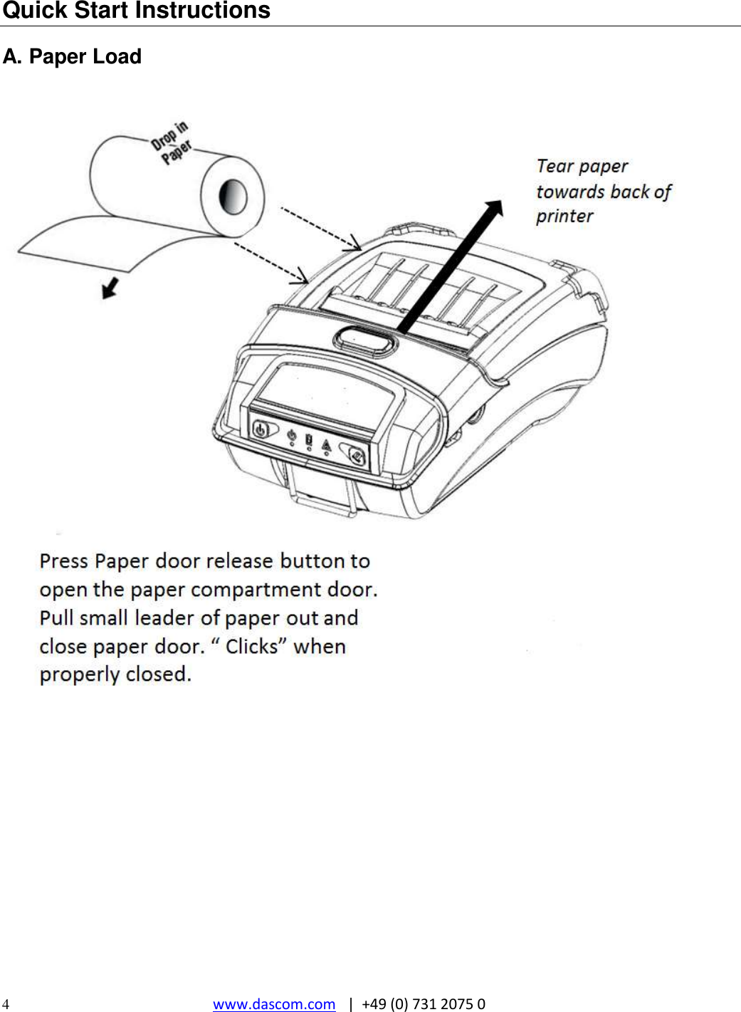  4  www.dascom.com   |  +49 (0) 731 2075 0  Quick Start Instructions  A. Paper Load                   