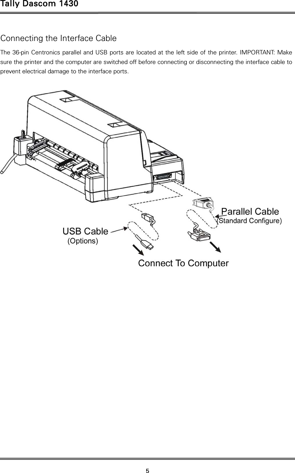 Tally Dascom 1430   5  Connecting the Interface Cable The 36-pin Centronics parallel and USB ports are located at the left side of the printer. IMPORTANT: Make sure the printer and the computer are switched off before connecting or disconnecting the interface cable to prevent electrical damage to the interface ports.   