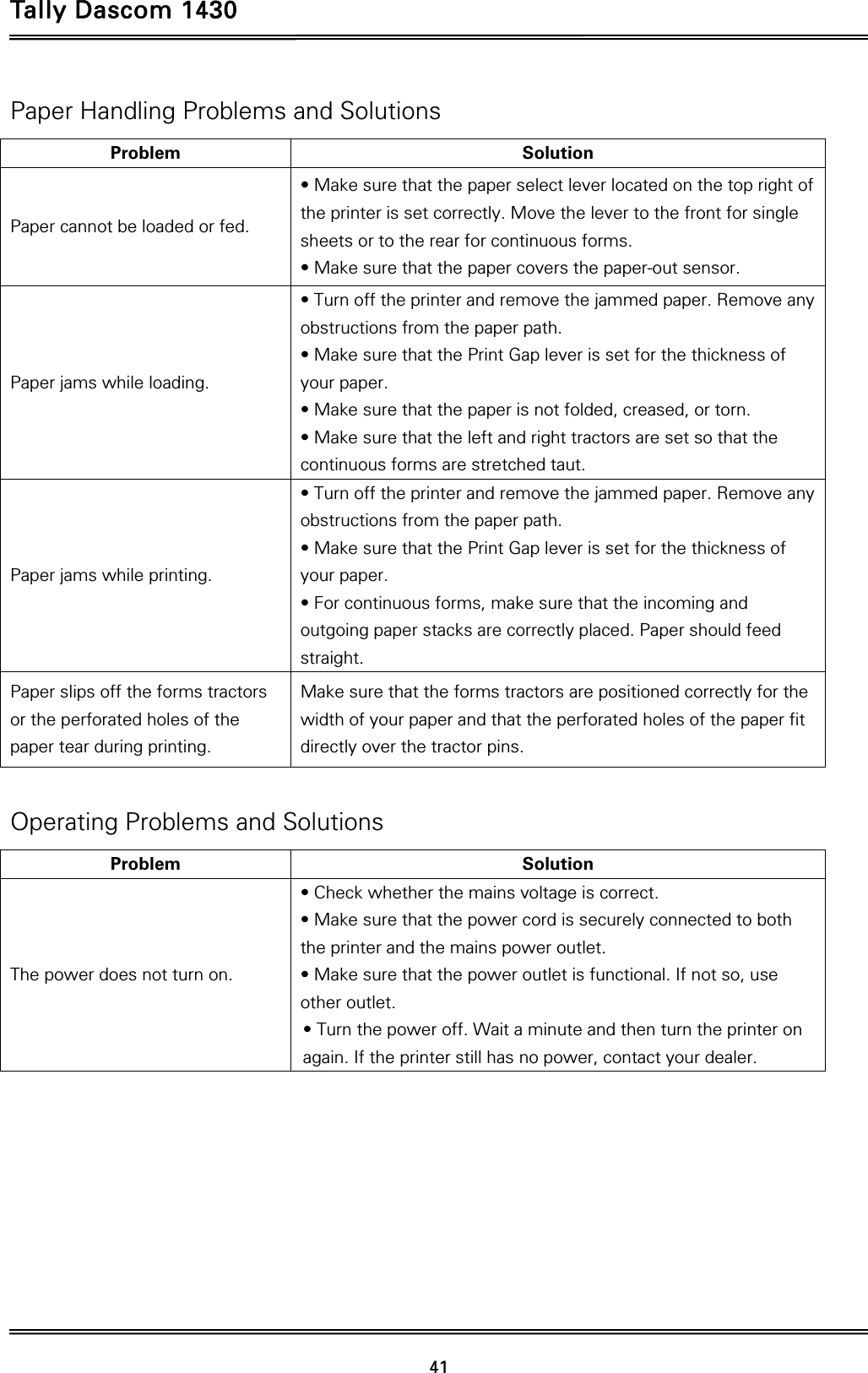 Tally Dascom 1430   41  Paper Handling Problems and Solutions Problem Solution Paper cannot be loaded or fed.   • Make sure that the paper select lever located on the top right of the printer is set correctly. Move the lever to the front for single sheets or to the rear for continuous forms.   • Make sure that the paper covers the paper-out sensor. Paper jams while loading.   • Turn off the printer and remove the jammed paper. Remove any obstructions from the paper path.   • Make sure that the Print Gap lever is set for the thickness of your paper.   • Make sure that the paper is not folded, creased, or torn.   • Make sure that the left and right tractors are set so that the continuous forms are stretched taut.   Paper jams while printing.   • Turn off the printer and remove the jammed paper. Remove any obstructions from the paper path.   • Make sure that the Print Gap lever is set for the thickness of your paper.   • For continuous forms, make sure that the incoming and outgoing paper stacks are correctly placed. Paper should feed straight.  Paper slips off the forms tractors or the perforated holes of the paper tear during printing.   Make sure that the forms tractors are positioned correctly for the width of your paper and that the perforated holes of the paper fit directly over the tractor pins.    Operating Problems and Solutions Problem Solution The power does not turn on.   • Check whether the mains voltage is correct. • Make sure that the power cord is securely connected to both the printer and the mains power outlet.   • Make sure that the power outlet is functional. If not so, use other outlet.   • Turn the power off. Wait a minute and then turn the printer on again. If the printer still has no power, contact your dealer.   