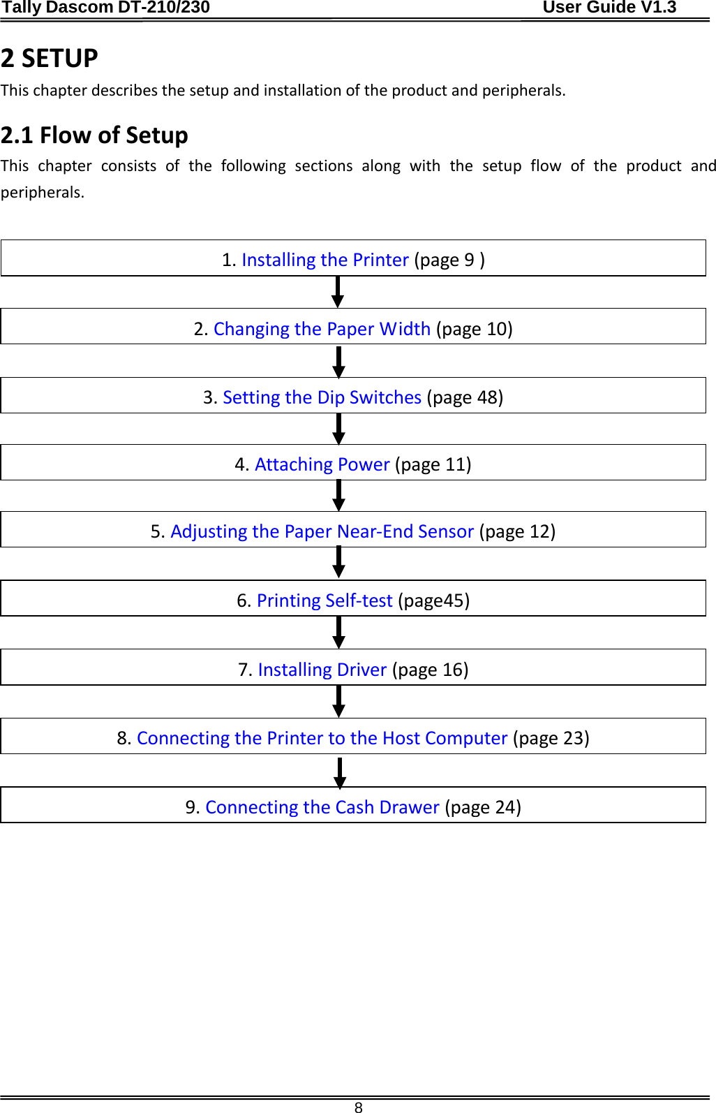 Tally Dascom DT-210/230                                      User Guide V1.3  8 2 SETUP This chapter describes the setup and installation of the product and peripherals.  2.1 Flow of Setup This chapter consists of the following sections along with the setup flow of the product and peripherals.                                  9. Connecting the Cash Drawer (page 24)  8. Connecting the Printer to the Host Computer (page 23)  7. Installing Driver (page 16)  6. Printing Self-test (page45)  5. Adjusting the Paper Near-End Sensor (page 12)  4. Attaching Power (page 11)  3. Setting the Dip Switches (page 48)  2. Changing the Paper Width (page 10)  1. Installing the Printer (page 9 )  