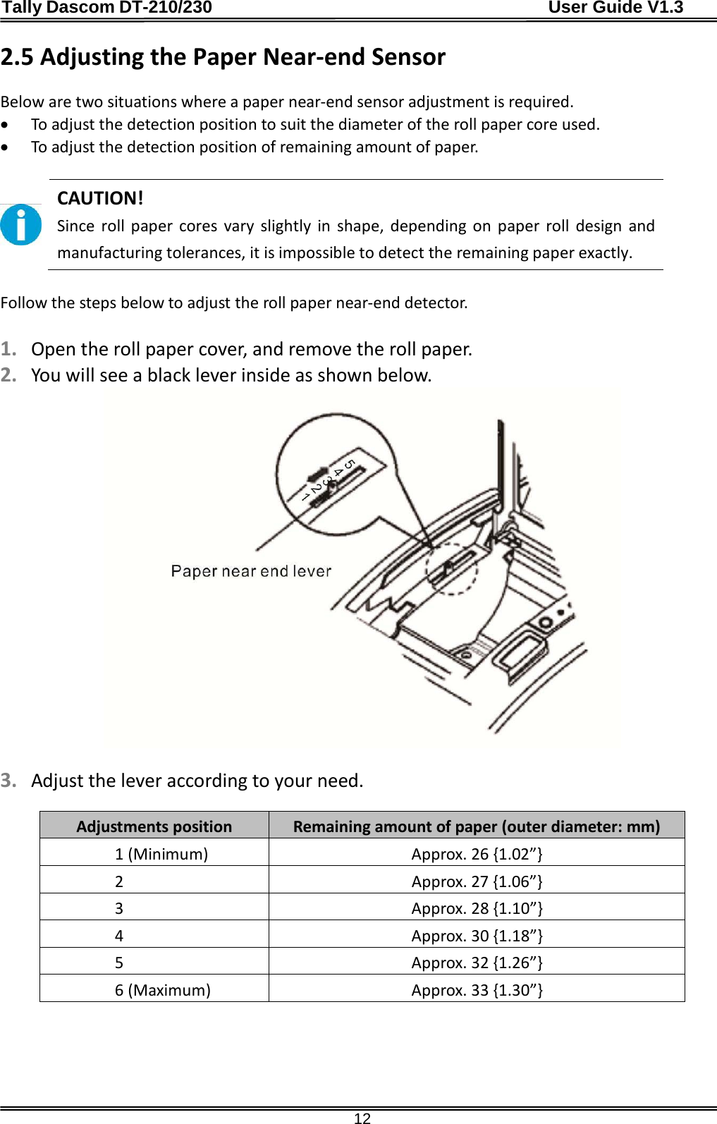 Tally Dascom DT-210/230                                      User Guide V1.3  12 2.5 Adjusting the Paper Near-end Sensor  Below are two situations where a paper near-end sensor adjustment is required. • To adjust the detection position to suit the diameter of the roll paper core used. • To adjust the detection position of remaining amount of paper.   CAUTION! Since roll paper cores vary slightly in shape, depending on paper roll design and manufacturing tolerances, it is impossible to detect the remaining paper exactly.  Follow the steps below to adjust the roll paper near-end detector.  1. Open the roll paper cover, and remove the roll paper. 2. You will see a black lever inside as shown below.   3. Adjust the lever according to your need.  Adjustments position Remaining amount of paper (outer diameter: mm) 1 (Minimum) Approx. 26 {1.02”} 2  Approx. 27 {1.06”} 3  Approx. 28 {1.10”} 4  Approx. 30 {1.18”} 5  Approx. 32 {1.26”} 6 (Maximum)  Approx. 33 {1.30”} 