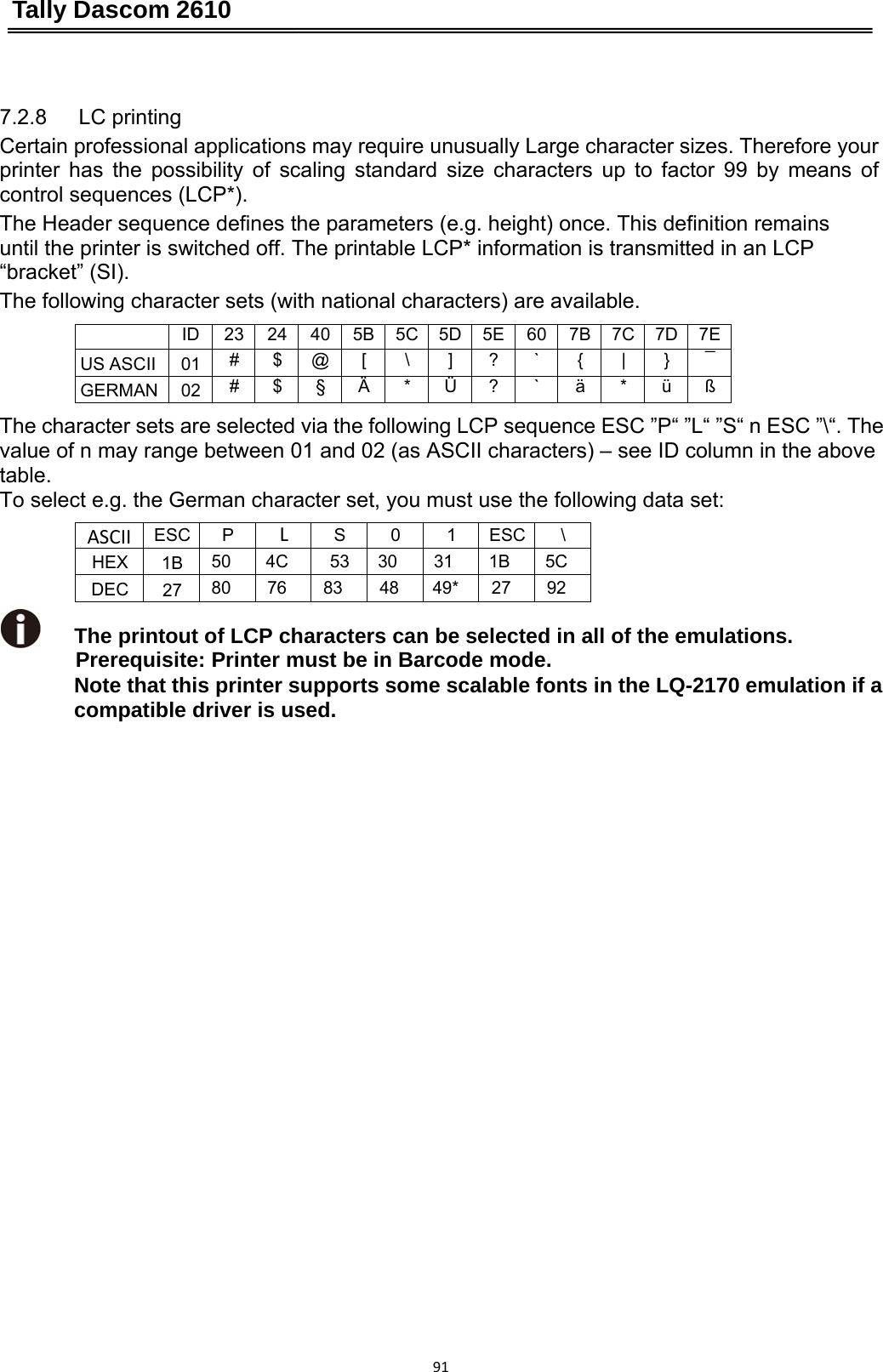 Tally Dascom 2610 91 7.2.8   LC printing  Certain professional applications may require unusually Large character sizes. Therefore your printer has the possibility of scaling standard size characters up to factor 99 by means of control sequences (LCP*). The Header sequence defines the parameters (e.g. height) once. This definition remains until the printer is switched off. The printable LCP* information is transmitted in an LCP “bracket” (SI). The following character sets (with national characters) are available.ID 232440 5B 5C 5D 5E 60 7B 7C7D7EUS ASCII01#$@[\]? `{|}¯GERMAN02#$§ Ä *Ü ? `ä *üßThe character sets are selected via the following LCP sequence ESC ”P“ ”L“ ”S“ n ESC ”\“. The value of n may range between 01 and 02 (as ASCII characters) – see ID column in the above table. To select e.g. the German character set, you must use the following data set: ASCIIESC PLS01ESC \HEX1B504C5330311B5CDEC278076834849*2792The printout of LCP characters can be selected in all of the emulations. Prerequisite: Printer must be in Barcode mode. Note that this printer supports some scalable fonts in the LQ-2170 emulation if a compatible driver is used. 