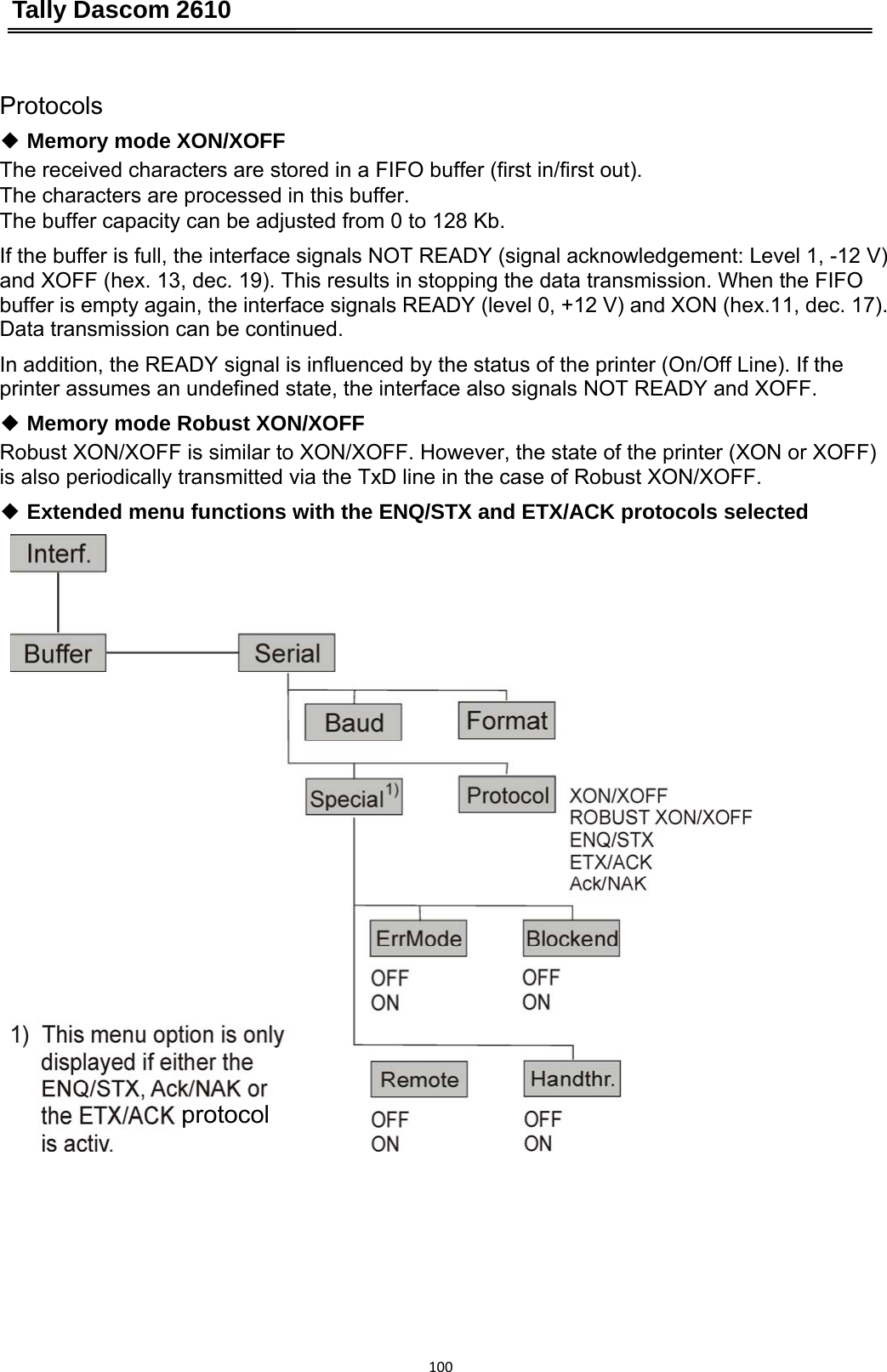 Tally Dascom 2610 100 Protocols ◆ Memory mode XON/XOFF The received characters are stored in a FIFO buffer (first in/first out). The characters are processed in this buffer. The buffer capacity can be adjusted from 0 to 128 Kb. If the buffer is full, the interface signals NOT READY (signal acknowledgement: Level 1, -12 V) and XOFF (hex. 13, dec. 19). This results in stopping the data transmission. When the FIFO buffer is empty again, the interface signals READY (level 0, +12 V) and XON (hex.11, dec. 17). Data transmission can be continued. In addition, the READY signal is influenced by the status of the printer (On/Off Line). If the printer assumes an undefined state, the interface also signals NOT READY and XOFF. ◆ Memory mode Robust XON/XOFF Robust XON/XOFF is similar to XON/XOFF. However, the state of the printer (XON or XOFF) is also periodically transmitted via the TxD line in the case of Robust XON/XOFF. ◆ Extended menu functions with the ENQ/STX and ETX/ACK protocols selected  protocol  