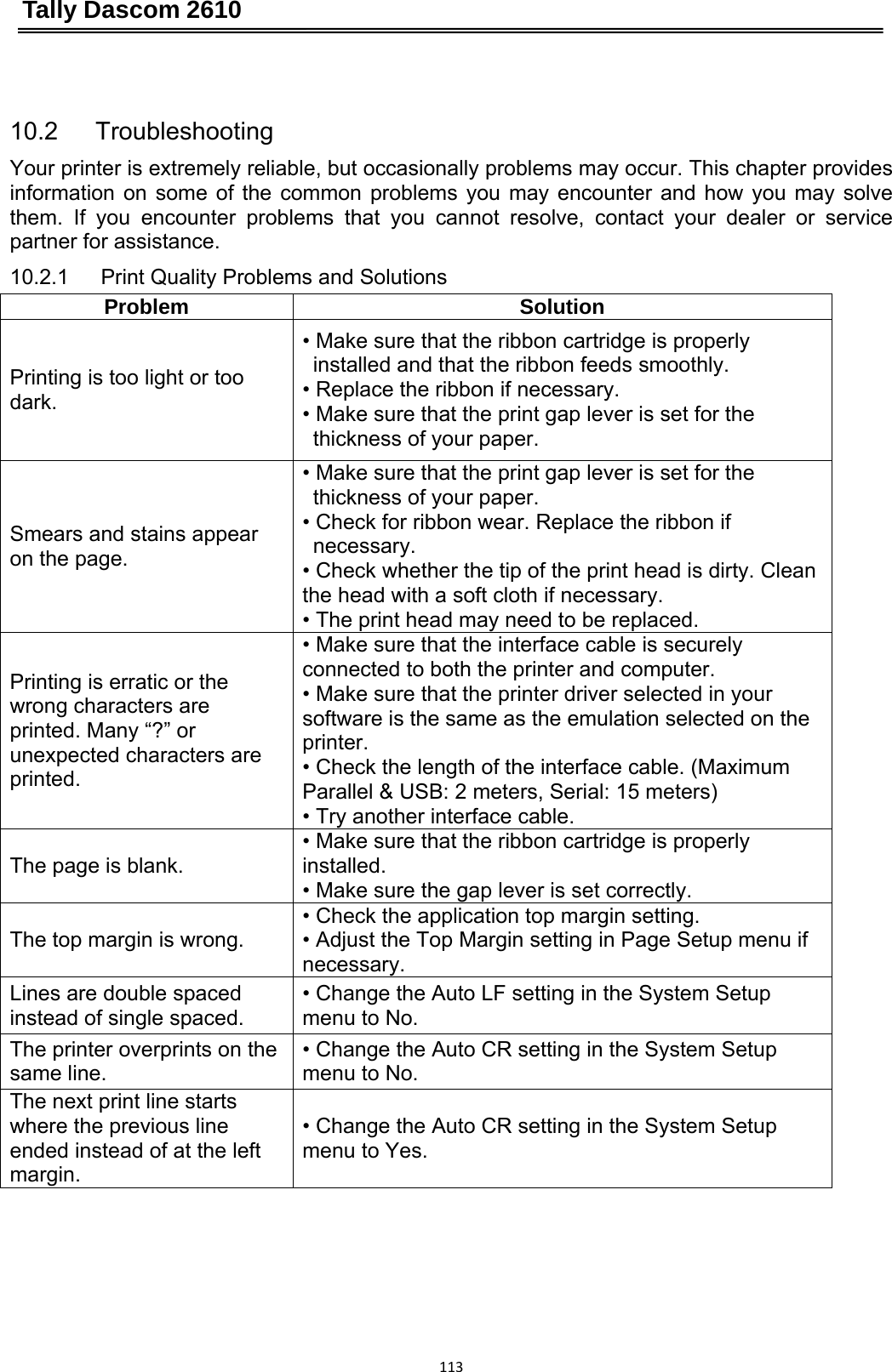 Tally Dascom 2610 11310.2   Troubleshooting Your printer is extremely reliable, but occasionally problems may occur. This chapter provides information on some of the common problems you may encounter and how you may solve them. If you encounter problems that you cannot resolve, contact your dealer or service partner for assistance. 10.2.1   Print Quality Problems and Solutions Problem Solution Printing is too light or too dark.  • Make sure that the ribbon cartridge is properly installed and that the ribbon feeds smoothly. • Replace the ribbon if necessary.     • Make sure that the print gap lever is set for the thickness of your paper.   Smears and stains appear on the page.   • Make sure that the print gap lever is set for the thickness of your paper.   • Check for ribbon wear. Replace the ribbon if necessary.  • Check whether the tip of the print head is dirty. Clean the head with a soft cloth if necessary.   • The print head may need to be replaced.   Printing is erratic or the wrong characters are printed. Many “?” or unexpected characters are printed.  • Make sure that the interface cable is securely connected to both the printer and computer.   • Make sure that the printer driver selected in your software is the same as the emulation selected on the printer. • Check the length of the interface cable. (Maximum Parallel &amp; USB: 2 meters, Serial: 15 meters) • Try another interface cable. The page is blank.   • Make sure that the ribbon cartridge is properly installed. • Make sure the gap lever is set correctly.   The top margin is wrong.   • Check the application top margin setting. • Adjust the Top Margin setting in Page Setup menu if necessary. Lines are double spaced instead of single spaced.   • Change the Auto LF setting in the System Setup menu to No.   The printer overprints on the same line.   • Change the Auto CR setting in the System Setup menu to No. The next print line starts where the previous line ended instead of at the left margin.  • Change the Auto CR setting in the System Setup menu to Yes. 