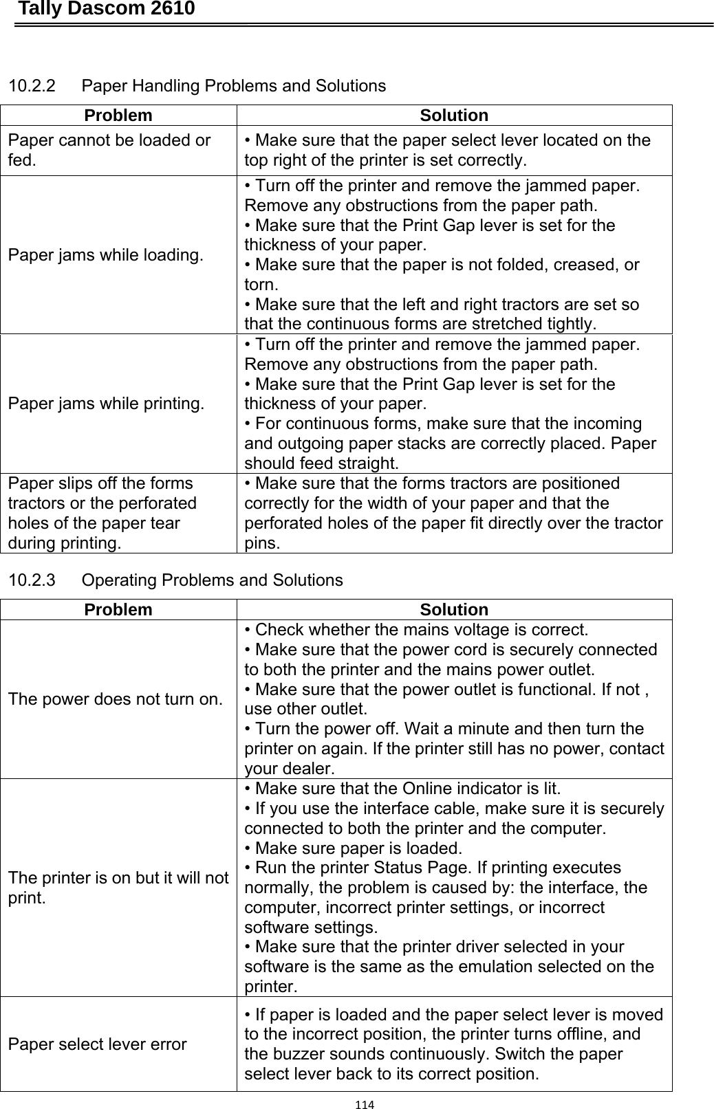 Tally Dascom 2610 11410.2.2      Paper Handling Problems and Solutions Problem Solution Paper cannot be loaded or fed.  • Make sure that the paper select lever located on the top right of the printer is set correctly.   Paper jams while loading.   • Turn off the printer and remove the jammed paper. Remove any obstructions from the paper path.   • Make sure that the Print Gap lever is set for the thickness of your paper.   • Make sure that the paper is not folded, creased, or torn.  • Make sure that the left and right tractors are set so that the continuous forms are stretched tightly.   Paper jams while printing.   • Turn off the printer and remove the jammed paper. Remove any obstructions from the paper path.   • Make sure that the Print Gap lever is set for the thickness of your paper.   • For continuous forms, make sure that the incoming and outgoing paper stacks are correctly placed. Paper should feed straight.   Paper slips off the forms tractors or the perforated holes of the paper tear during printing.   • Make sure that the forms tractors are positioned correctly for the width of your paper and that the perforated holes of the paper fit directly over the tractor pins.  10.2.3   Operating Problems and Solutions Problem Solution The power does not turn on.   • Check whether the mains voltage is correct. • Make sure that the power cord is securely connected to both the printer and the mains power outlet.   • Make sure that the power outlet is functional. If not , use other outlet.   • Turn the power off. Wait a minute and then turn the printer on again. If the printer still has no power, contact your dealer.   The printer is on but it will not print.  • Make sure that the Online indicator is lit.   • If you use the interface cable, make sure it is securely connected to both the printer and the computer.   • Make sure paper is loaded.   • Run the printer Status Page. If printing executes normally, the problem is caused by: the interface, the computer, incorrect printer settings, or incorrect software settings.   • Make sure that the printer driver selected in your software is the same as the emulation selected on the printer.  Paper select lever error   • If paper is loaded and the paper select lever is moved to the incorrect position, the printer turns offline, and the buzzer sounds continuously. Switch the paper select lever back to its correct position.   