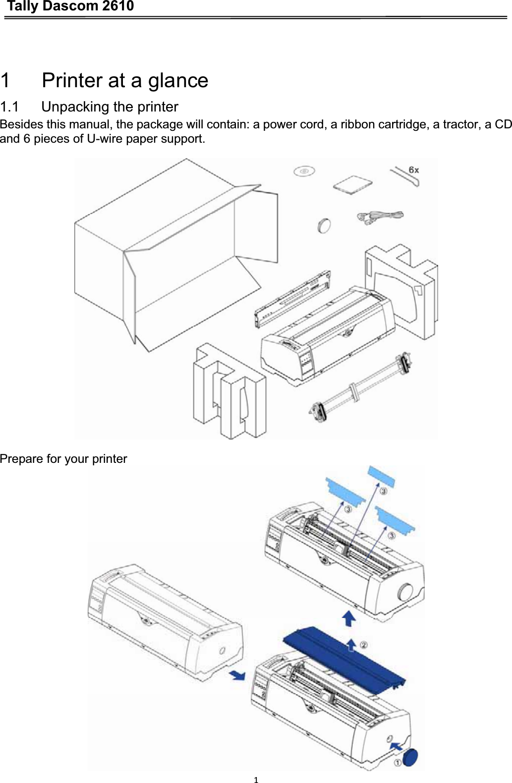 Tally Dascom 261011   Printer at a glance 1.1   Unpacking the printer Besides this manual, the package will contain: a power cord, a ribbon cartridge, a tractor, a CD and 6 pieces of U-wire paper support. Prepare for your printer 