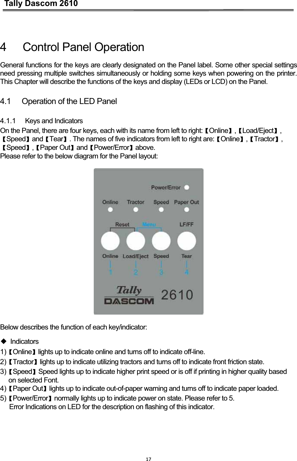 Tally Dascom 2610174   Control Panel Operation  General functions for the keys are clearly designated on the Panel label. Some other special settings need pressing multiple switches simultaneously or holding some keys when powering on the printer. This Chapter will describe the functions of the keys and display (LEDs or LCD) on the Panel. 4.1   Operation of the LED Panel 4.1.1   Keys and Indicators On the Panel, there are four keys, each with its name from left to right:ɋOnlineɌ,ɋLoad/EjectɌ,ɋSpeedɌandɋTearɌ. The names of five indicators from left to right are:ɋOnlineɌ,ɋTractorɌ,ɋSpeedɌ,ɋPaper OutɌandɋPower/ErrorɌabove.Please refer to the below diagram for the Panel layout:   Below describes the function of each key/indicator:   ƹ Indicators  1)ɋOnlineɌlights up to indicate online and turns off to indicate off-line. 2)ɋTractorɌlights up to indicate utilizing tractors and turns off to indicate front friction state. 3)ɋSpeedɌSpeed lights up to indicate higher print speed or is off if printing in higher quality based on selected Font. 4)ɋPaper OutɌlights up to indicate out-of-paper warning and turns off to indicate paper loaded. 5)ɋPower/ErrorɌnormally lights up to indicate power on state. Please refer to 5.   Error Indications on LED for the description on flashing of this indicator. 