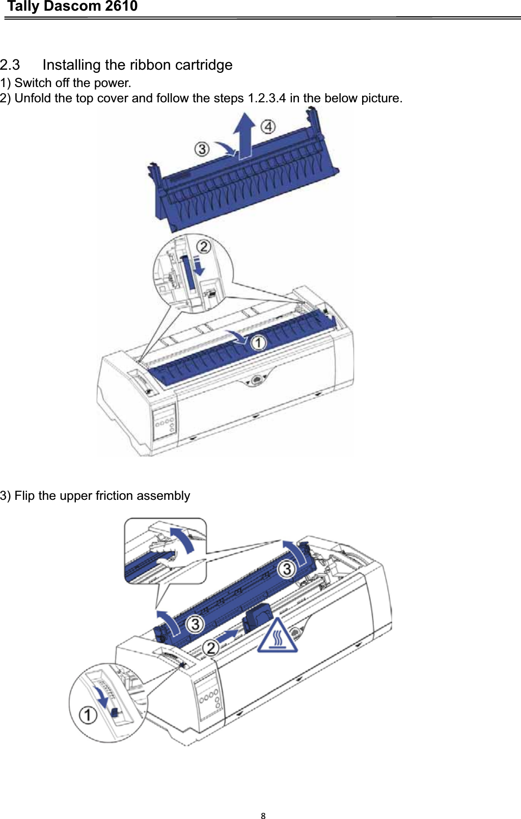 Tally Dascom 261082.3      Installing the ribbon cartridge 1) Switch off the power. 2) Unfold the top cover and follow the steps 1.2.3.4 in the below picture. 3) Flip the upper friction assembly 