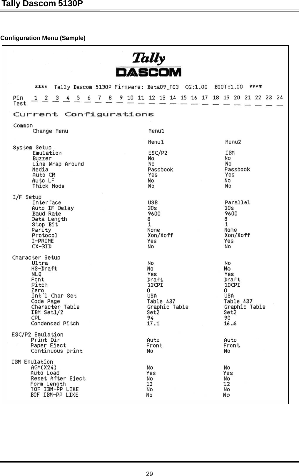 Tally Dascom 5130P 29   Configuration Menu (Sample) 