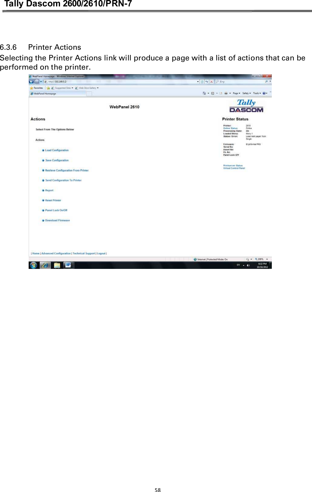 Tally Dascom 2600/2610/PRN-7  6.3.6      Printer Actions Selecting the Printer Actions link will produce a page with a list of actions that can be performed on the printer.  58  