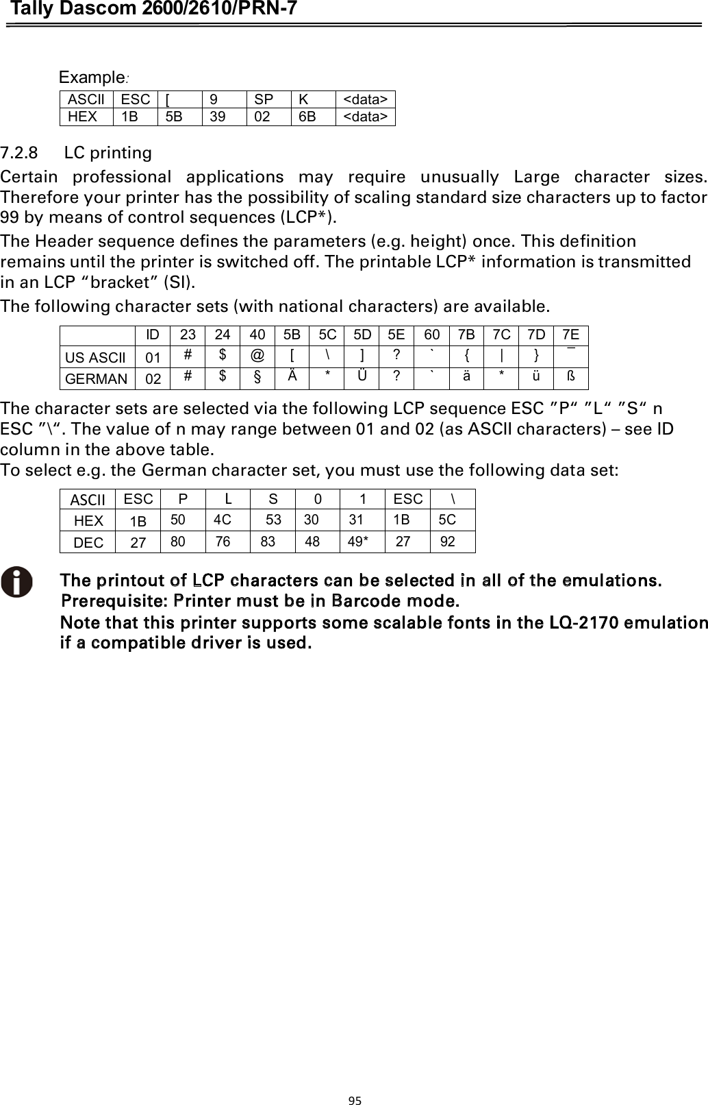 Tally Dascom 2600/2610/PRN-7  Example:ASCIIESC[9SPK&lt;data&gt;HEX1B5B39026B&lt;data&gt; 7.2.8      LC printing   Certain  professional  applications  may  require  unusually  Large  character  sizes. Therefore your printer has the possibility of scaling standard size characters up to factor 99 by means of control sequences (LCP*). The Header sequence defines the parameters (e.g. height) once. This definition remains until the printer is switched off. The printable LCP* information is transmitted in an LCP “bracket” (SI). The following character sets (with national characters) are available. ID 23 24 40 5B 5C 5D 5E 60 7B 7C 7D 7E US ASCII 01 # $ @ [ \ ] ? ` { | } ¯ GERMAN 02 # $ § Ä * Ü ? ` ä * ü ß The character sets are selected via the following LCP sequence ESC ”P“ ”L“ ”S“ n ESC ”\“. The value of n may range between 01 and 02 (as ASCII characters) – see ID column in the above table. To select e.g. the German character set, you must use the following data set: ASCII ESC P L S 0 1 ESC \ HEX 1B 50 4C 53 30 31 1B 5C DEC 27 80 76 83 48 49* 27 92 The printout of LCP characters can be selected in all of the emulations. Prerequisite: Printer must be in Barcode mode. Note that this printer supports some scalable fonts in the LQ-2170 emulation if a compatible driver is used. 95  