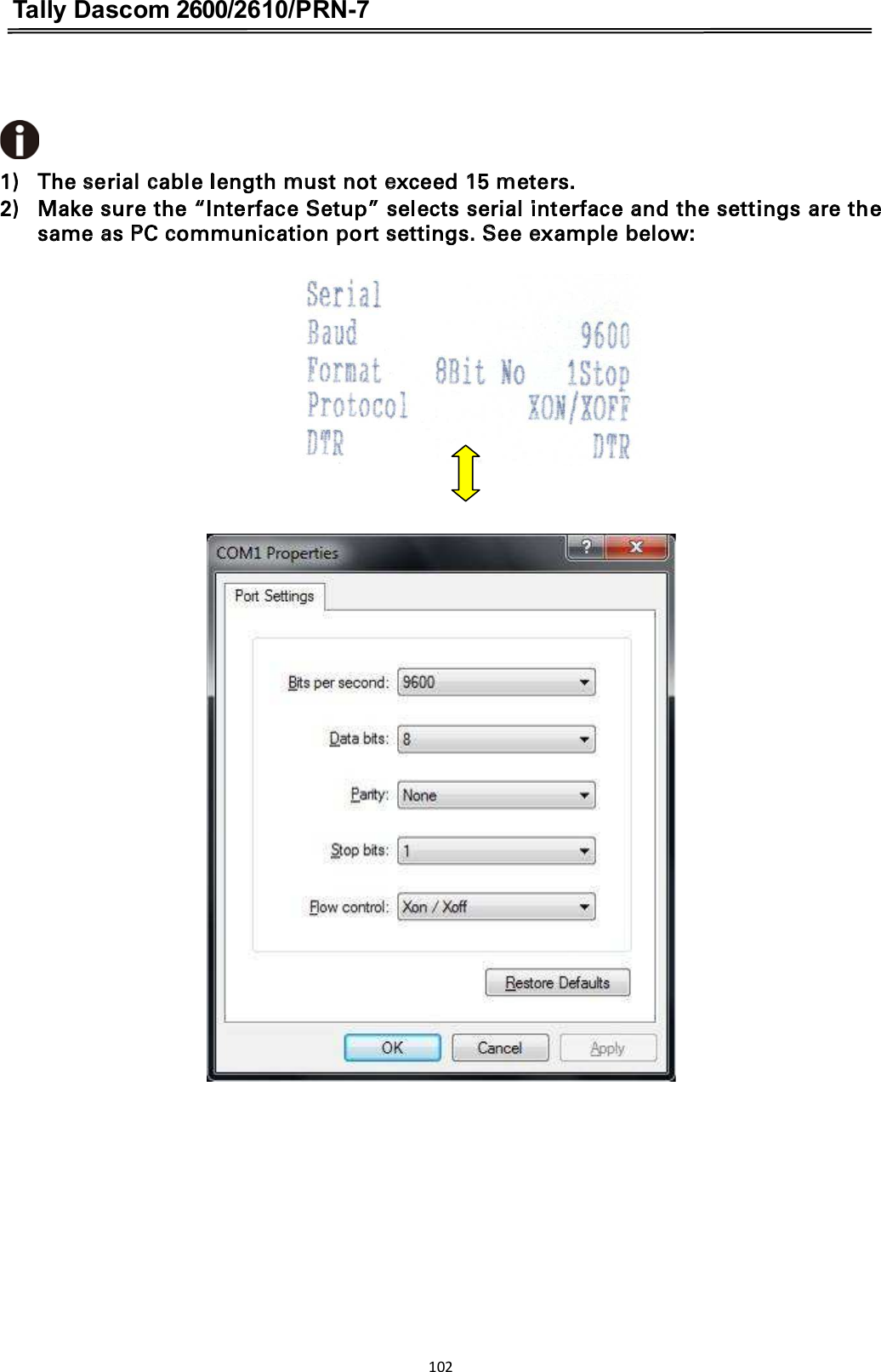 Tally Dascom 2600/2610/PRN-7    1) The serial cable length must not exceed 15 meters. 2) Make sure the “Interface Setup” selects serial interface and the settings are the same as PC communication port settings. See example below:          102  