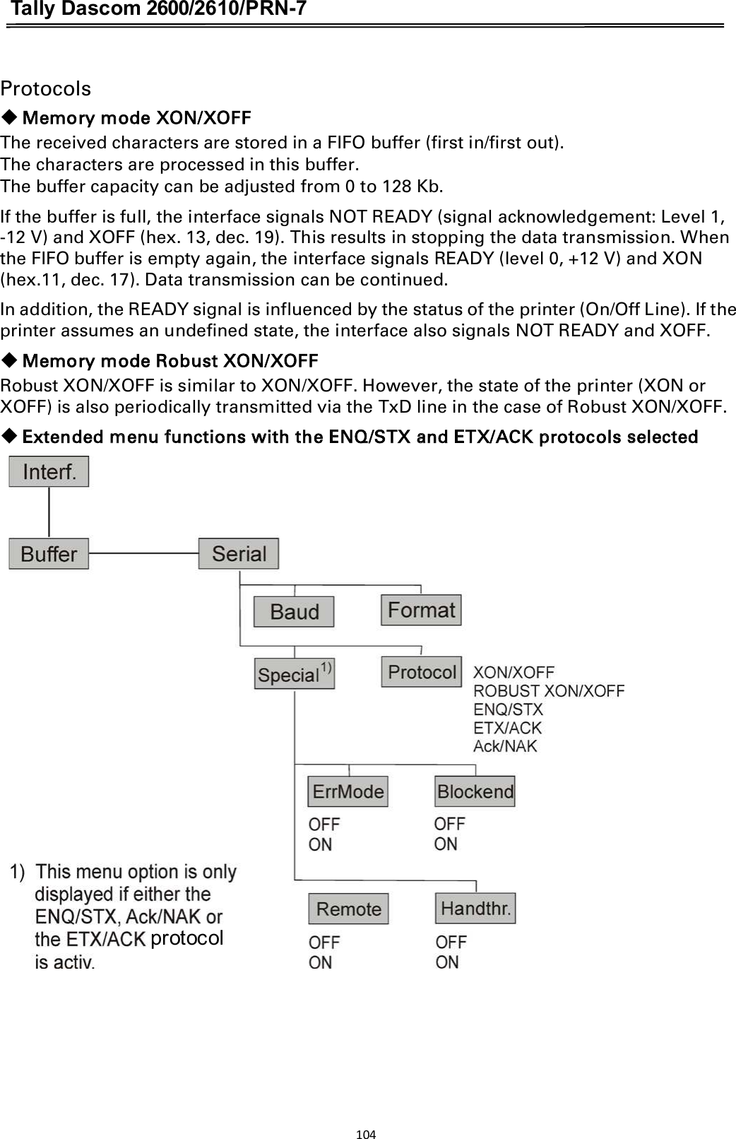 Tally Dascom 2600/2610/PRN-7   Protocols 䕺 Memory mode XON/XOFF The received characters are stored in a FIFO buffer (first in/first out). The characters are processed in this buffer. The buffer capacity can be adjusted from 0 to 128 Kb. If the buffer is full, the interface signals NOT READY (signal acknowledgement: Level 1, -12 V) and XOFF (hex. 13, dec. 19). This results in stopping the data transmission. When the FIFO buffer is empty again, the interface signals READY (level 0, +12 V) and XON (hex.11, dec. 17). Data transmission can be continued. In addition, the READY signal is influenced by the status of the printer (On/Off Line). If the printer assumes an undefined state, the interface also signals NOT READY and XOFF. 䕺 Memory mode Robust XON/XOFF Robust XON/XOFF is similar to XON/XOFF. However, the state of the printer (XON or XOFF) is also periodically transmitted via the TxD line in the case of Robust XON/XOFF. 䕺 Extended menu functions with the ENQ/STX and ETX/ACK protocols selected  protocol104  