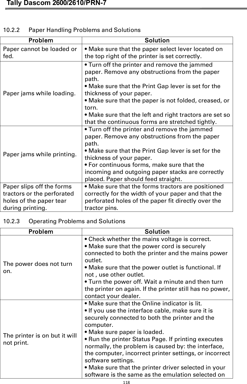 Tally Dascom 2600/2610/PRN-7  10.2.2      Paper Handling Problems and Solutions Problem Solution Paper cannot be loaded or fed.   t.BLFTVSFUIBUUIFQBQFSTFMFDUMFWFSMPDBUFEPOthe top right of the printer is set correctly.   Paper jams while loading.   t5VSOPGGUIFQSJOUFSBOESFNPWFUIFKBNNFEpaper. Remove any obstructions from the paper path.   t.BLFTure that the Print Gap lever is set for the thickness of your paper.   t.BLFTVSFUIBUUIFQBQFSJTOPUGPMEFEDSFBTFEPStorn.   t.BLFTVSFUIBUUIFMFGUBOESJHIUUSBDUPSTBSFTFUTPthat the continuous forms are stretched tightly.   Paper jams while printing.   t5VSOPGGUIFQSJOUFSBOESFNPWFUIFKBNNFEpaper. Remove any obstructions from the paper path.   t.BLFTVSFUIBUUIF1SJOU(BQMFWFSJTTFUGPSUIFthickness of your paper.   t&apos;PSDPOUJOVPVTGPSNTNBLFTVSFUIBUUIFincoming and outgoing paper stacks are correctly placed. Paper should feed straight.  Paper slips off the forms tractors or the perforated holes of the paper tear during printing.   t Make sure that the forms tractors are positioned correctly for the width of your paper and that the perforated holes of the paper fit directly over the tractor pins.   10.2.3      Operating Problems and Solutions Problem Solution The power does not turn on.   t$IFDLXIFUIFSUIFNBJOTWPMUBHFJTDPSSFDU t.BLFTVSFUIBUUIFQPXFSDPSEJTTFDVSFMZconnected to both the printer and the mains power outlet.   t.BLFTVSFUIBUUIFQPXFSPVUMFUJTGVODUJPOBM*Gnot , use other outlet.   t5VSOUIFQPXFSPGG8BJUBNJOVUFBOEUIFOUVSOthe printer on again. If the printer still has no power, contact your dealer.   The printer is on but it will not print.   t.BLFTVSFUIBUUIF0OMJOFJOEJDBUPSJTMJU  t*GZPVVTFUIFJOUFSGBDFDBCMFNBLFTVSFJUJTsecurely connected to both the printer and the computer.   t.BLFTVSFQBQFSJTMPBEFE  t3VOUIFQSJOUFS4UBUVT1Bge. If printing executes normally, the problem is caused by: the interface, the computer, incorrect printer settings, or incorrect software settings.   t.BLFTVSFUIBUUIFQSJOUFSESJWFSTFMFDUFEJOZPVSsoftware is the same as the emulation selected on 118  