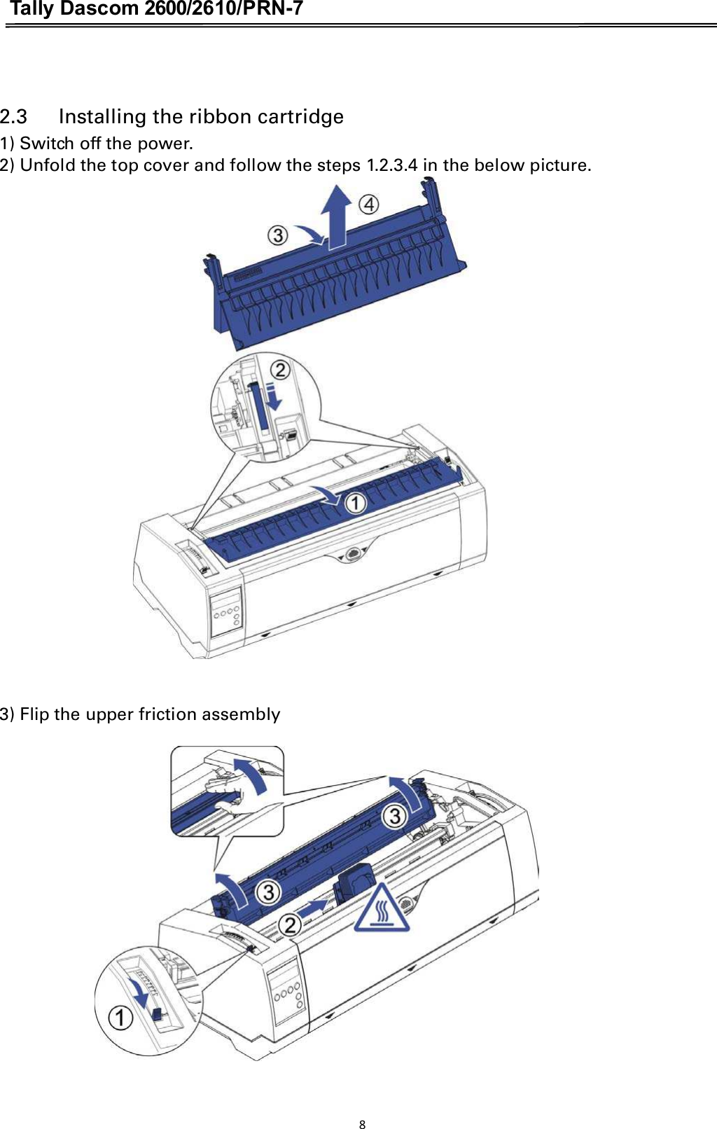 Tally Dascom 2600/2610/PRN-7   2.3      Installing the ribbon cartridge 1) Switch off the power. 2) Unfold the top cover and follow the steps 1.2.3.4 in the below picture.   3) Flip the upper friction assembly   8  