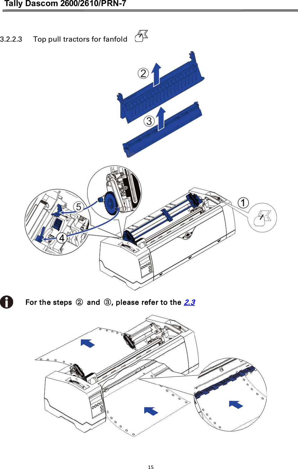 Tally Dascom 2600/2610/PRN-7  3.2.2.3      Top pull tractors for fanfold       For the steps ĸ  and Ĺ, please refer to the 2.3       15  