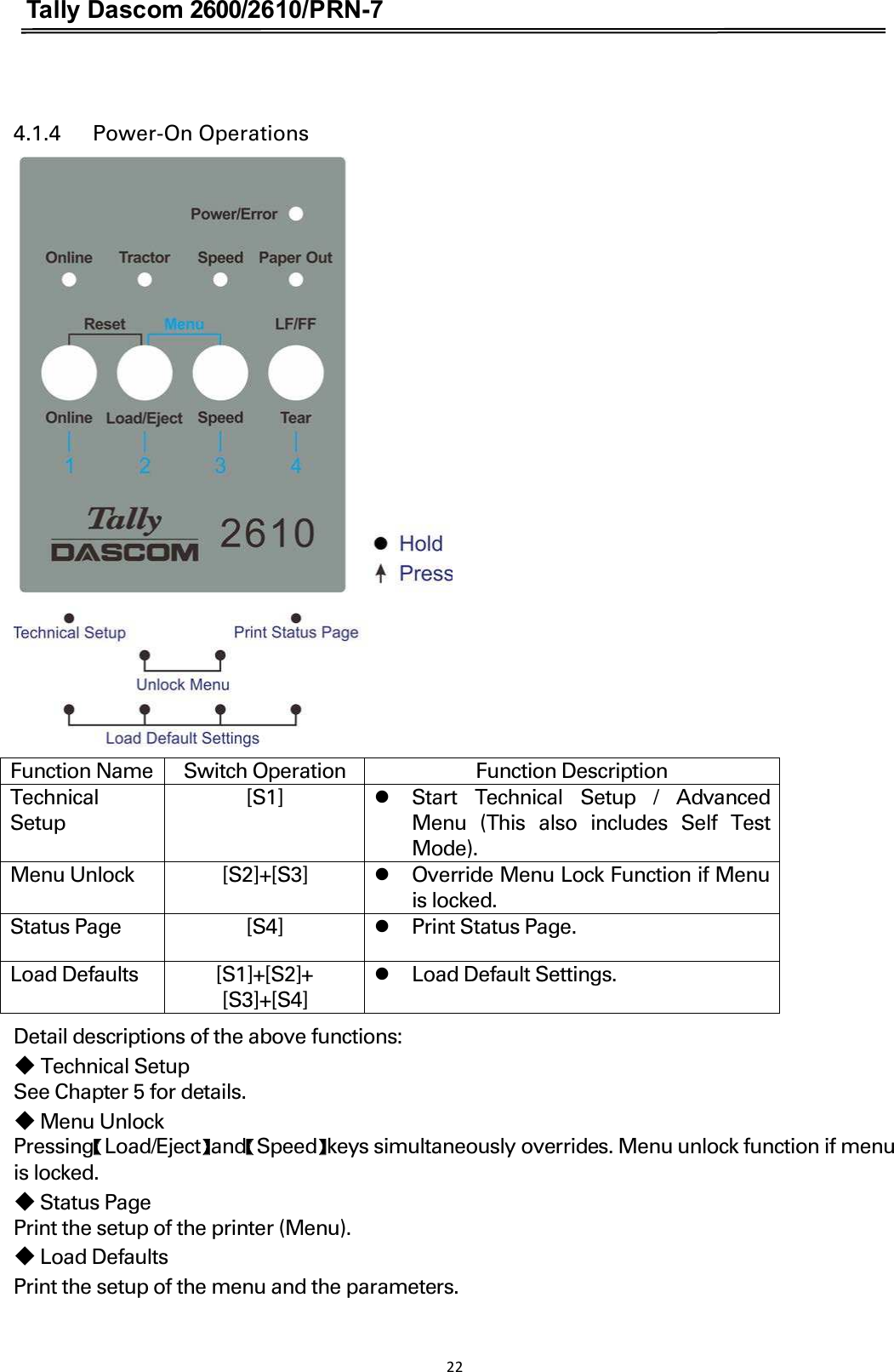 Tally Dascom 2600/2610/PRN-7   4.1.4      Power-On Operations  Function Name Switch Operation Function Description Technical Setup [S1] zStart  Technical  Setup  /  Advanced Menu  (This  also  includes  Self  Test Mode). Menu Unlock [S2]+[S3] zOverride Menu Lock Function if Menu is locked. Status Page [S4] zPrint Status Page. Load Defaults [S1]+[S2]+ [S3]+[S4] zLoad Default Settings. Detail descriptions of the above functions: 䕺 Technical Setup See Chapter 5 for details.  䕺 Menu Unlock   PressingɋLoad/EjectɌandɋSpeedɌkeys simultaneously overrides. Menu unlock function if menu is locked.   䕺 Status Page Print the setup of the printer (Menu). 䕺 Load Defaults   Print the setup of the menu and the parameters. 22  