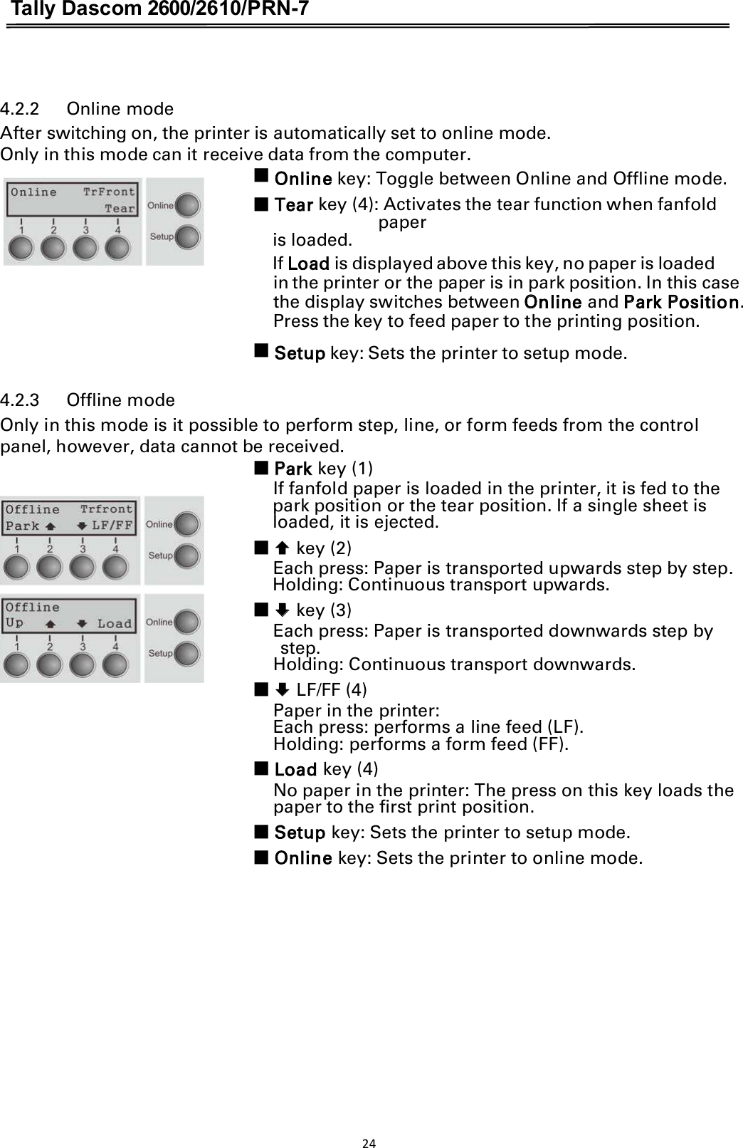 Tally Dascom 2600/2610/PRN-7   4.2.2      Online mode After switching on, the printer is automatically set to online mode. Only in this mode can it receive data from the computer. 䕔㻌Online key: Toggle between Online and Offline mode. 䕔㻌Tear key (4): Activates the tear function when fanfold paper is loaded. If Load is displayed above this key, no paper is loaded  in the printer or the paper is in park position. In this case the display switches between Online and Park Position. Press the key to feed paper to the printing position. 䕔㻌Setup key: Sets the printer to setup mode. 4.2.3      Offline mode Only in this mode is it possible to perform step, line, or form feeds from the control panel, however, data cannot be received.   䕔 Park key (1) If fanfold paper is loaded in the printer, it is fed to the   park position or the tear position. If a single sheet is   loaded, it is ejected. 䕔㻌© key (2) Each press: Paper is transported upwards step by step. Holding: Continuous transport upwards. 䕔㻌ª key (3) Each press: Paper is transported downwards step by step. Holding: Continuous transport downwards. 䕔㻌ª LF/FF (4) Paper in the printer: Each press: performs a line feed (LF). Holding: performs a form feed (FF).   䕔㻌Load key (4) No paper in the printer: The press on this key loads the paper to the first print position. 䕔㻌Setup key: Sets the printer to setup mode. 䕔㻌Online key: Sets the printer to online mode. 24  